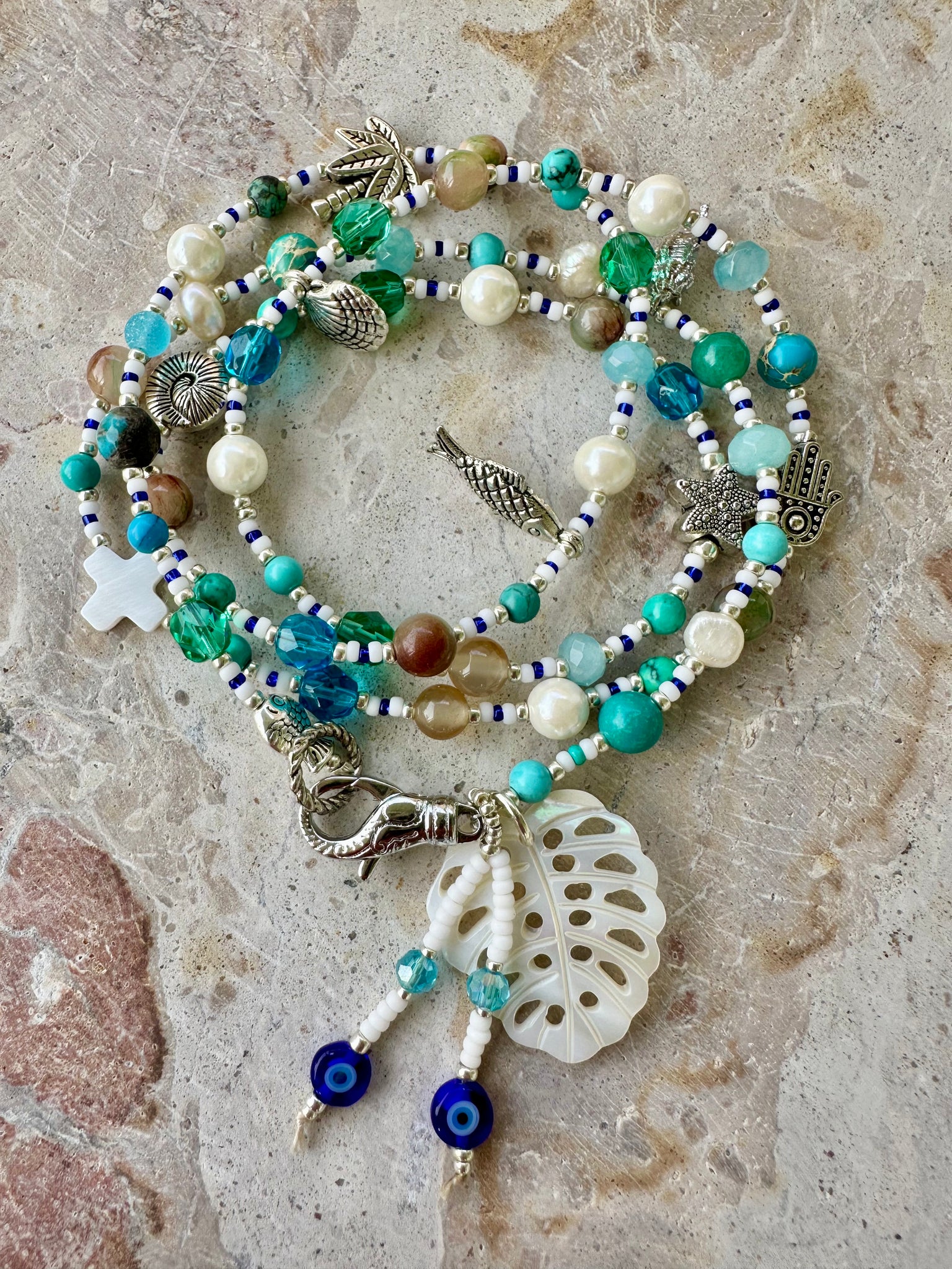 Shell Charm Blue Aqua Silver Bracelet