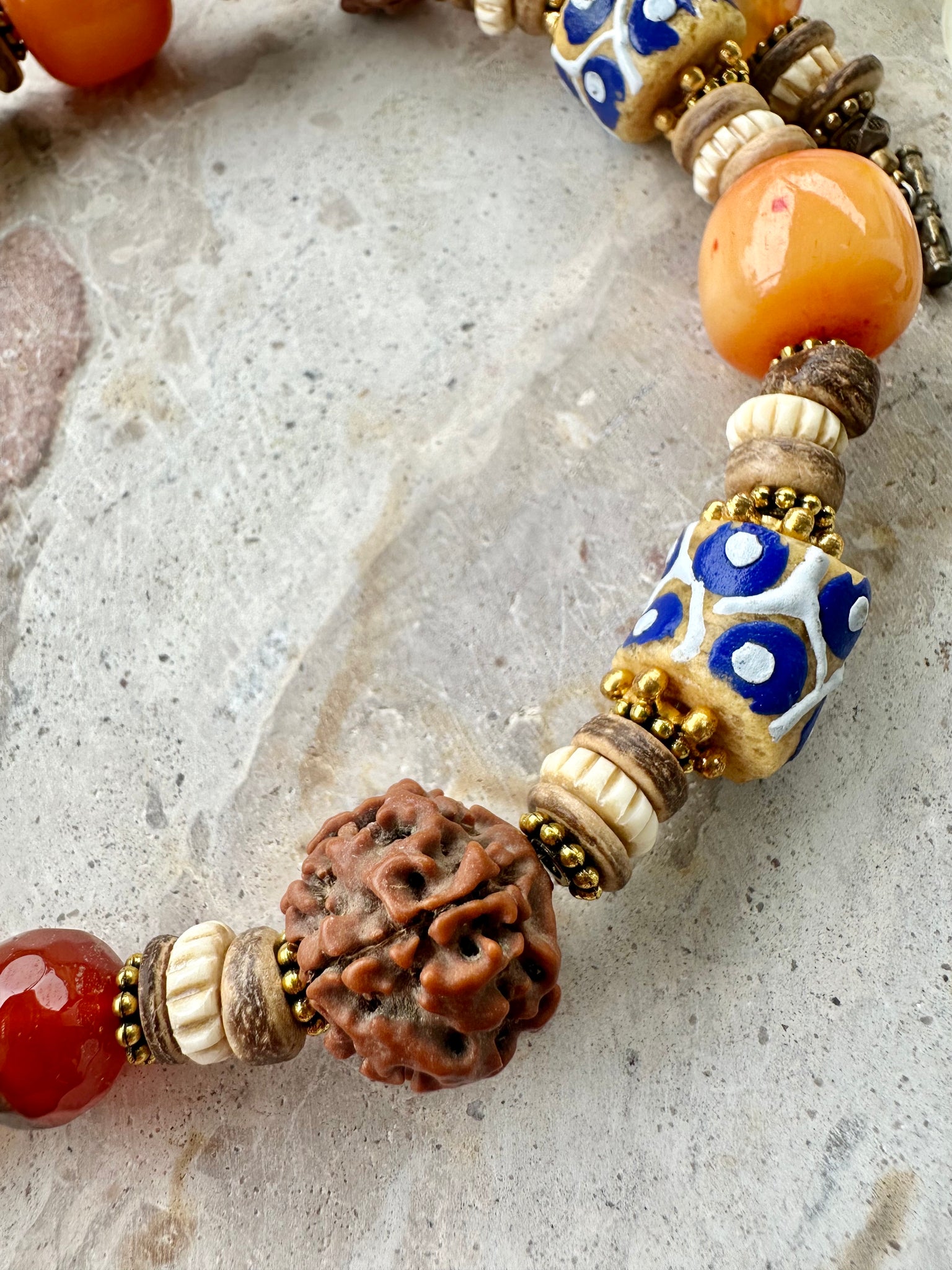 African Trade Bead Rudraksha Nut Shell Necklace