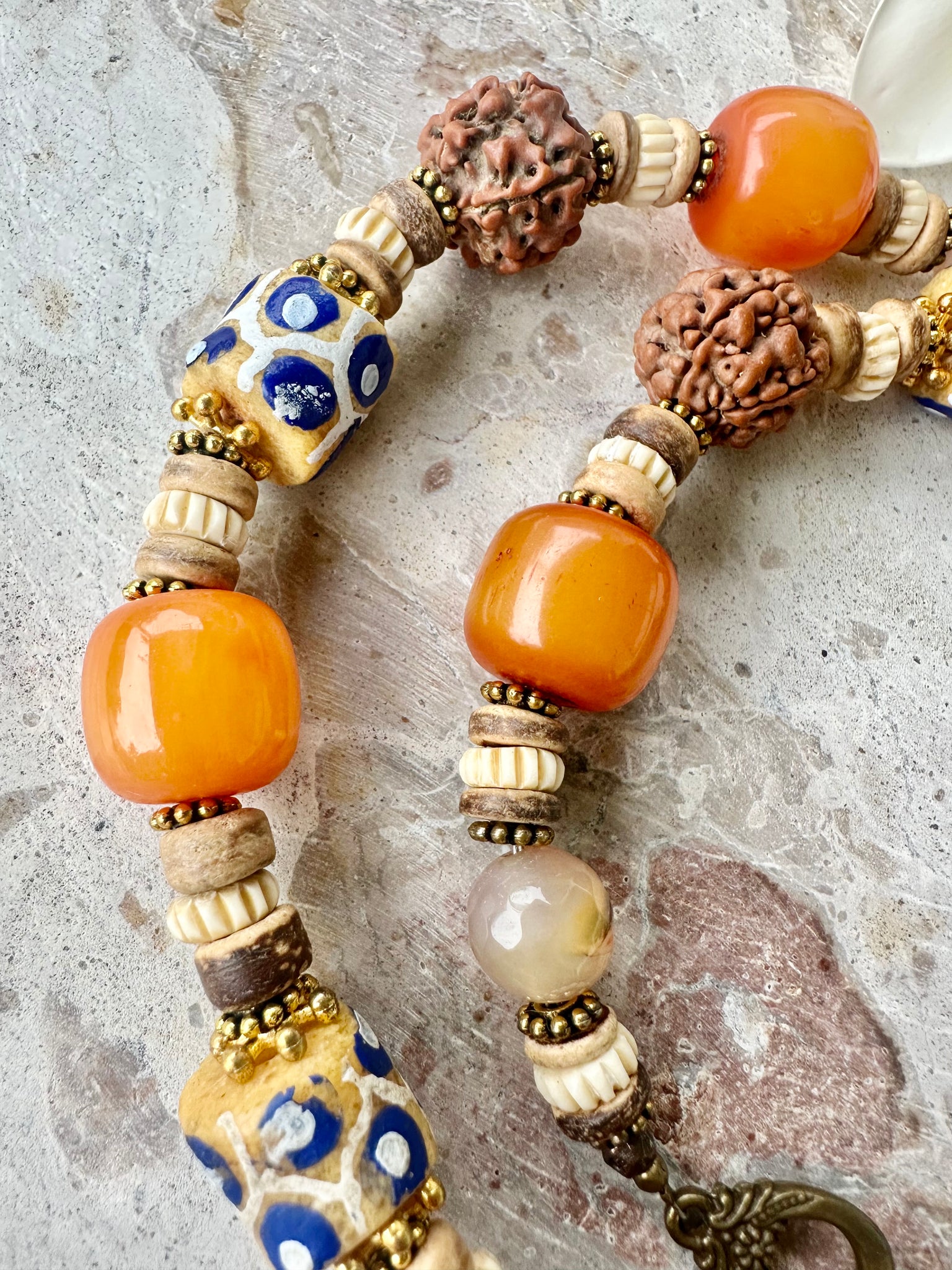 African Trade Bead Rudraksha Nut Shell Necklace