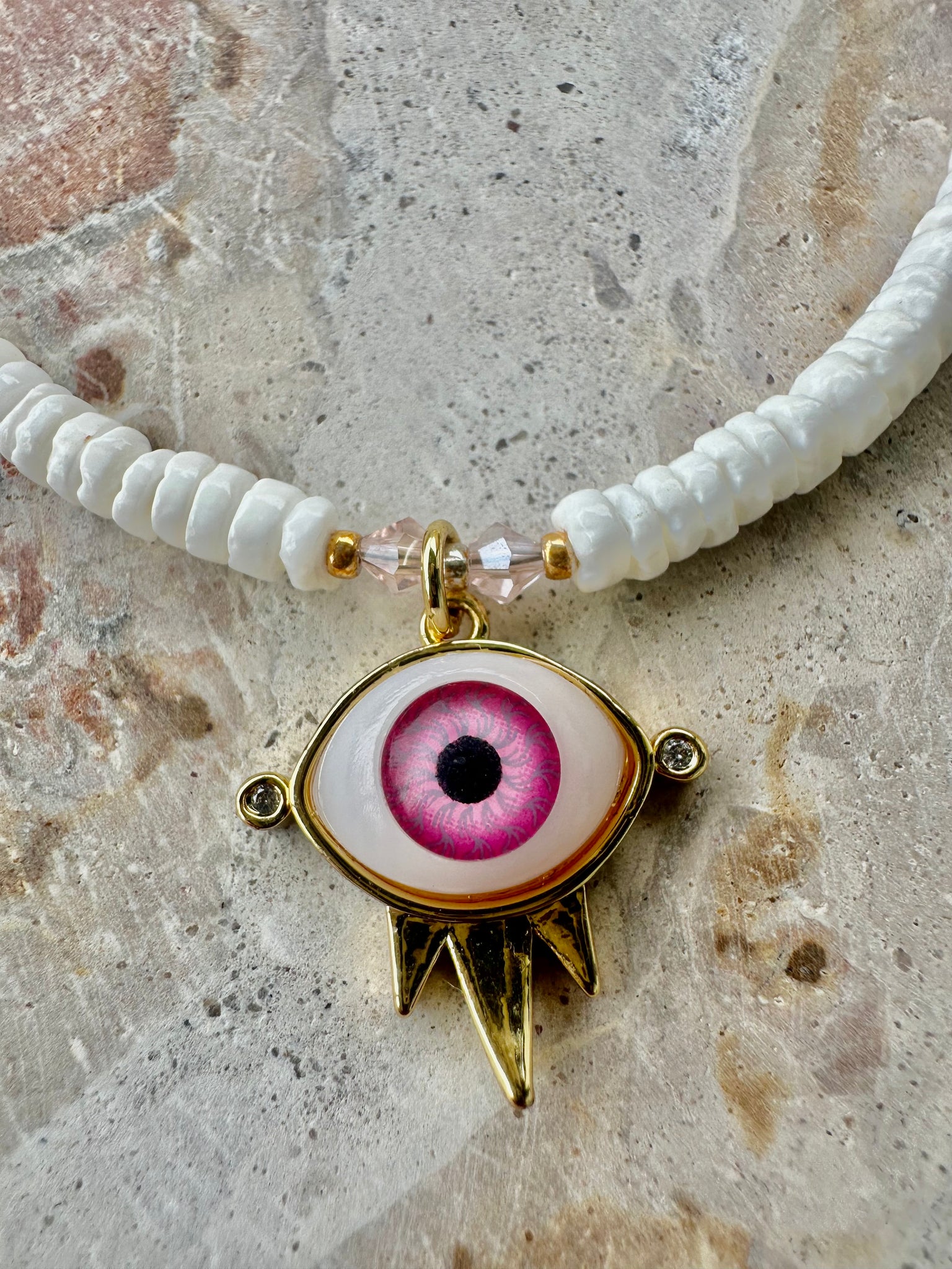White Shell Beaded Pink Evil Eye Necklace