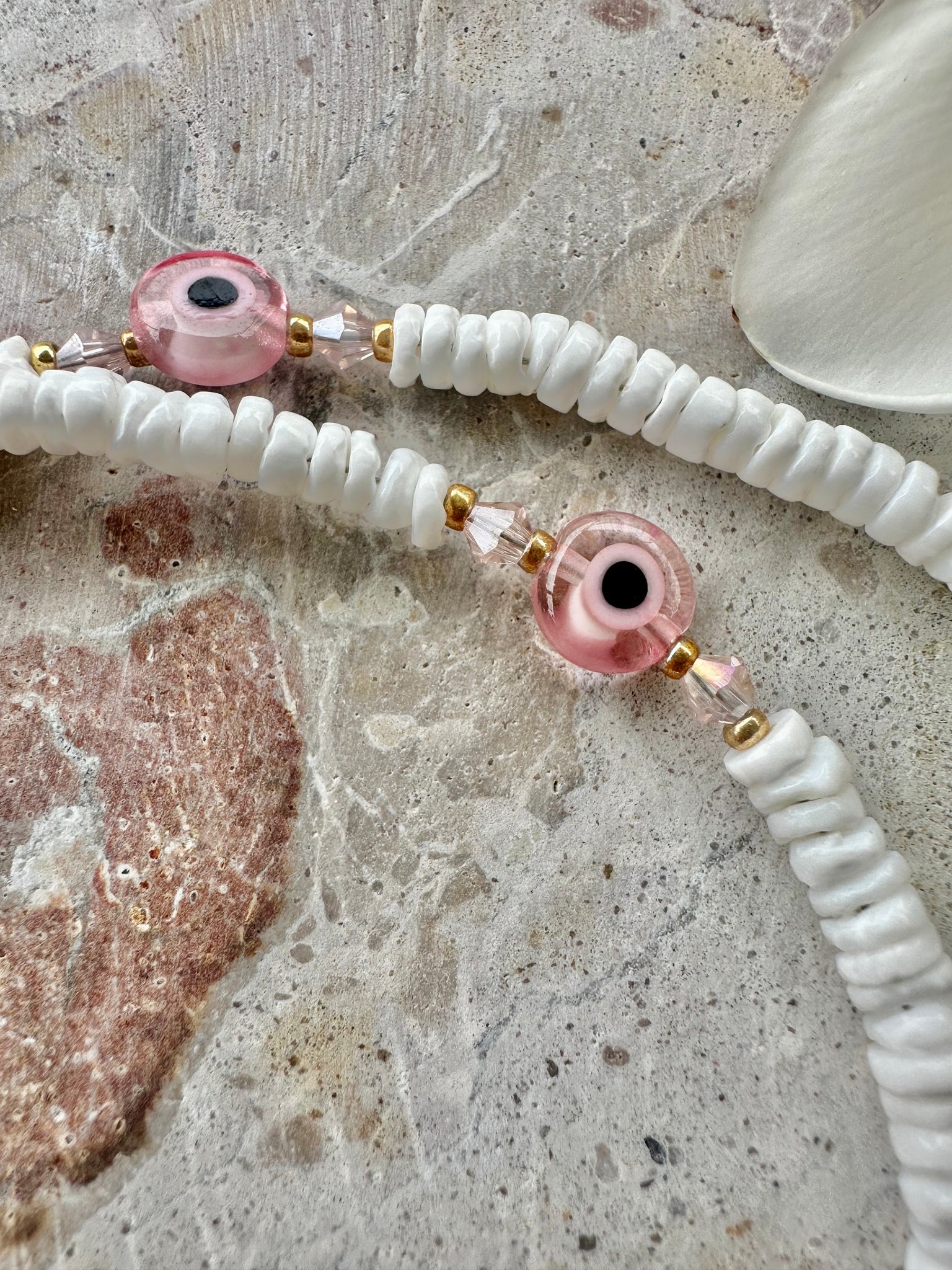 White Shell Beaded Pink Evil Eye Necklace