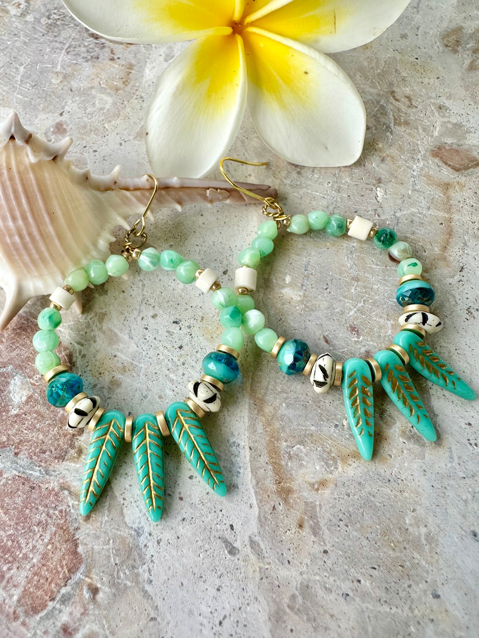 Green Jade Leaf Boho Earrings