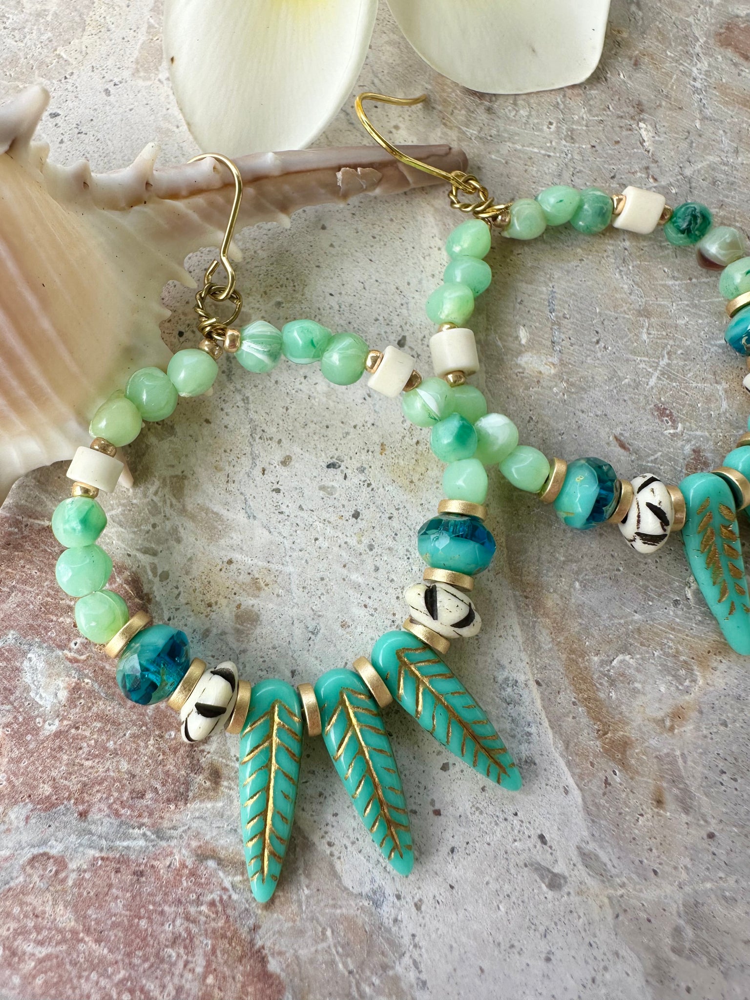 Green Jade Leaf Boho Earrings