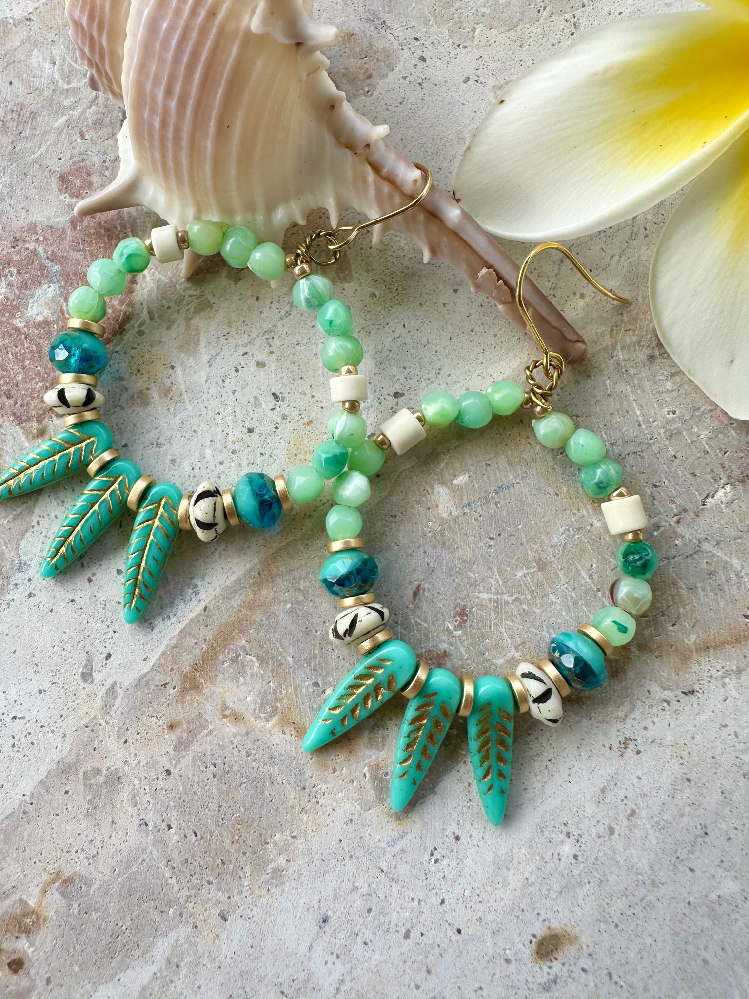 Green Jade Leaf Boho Earrings