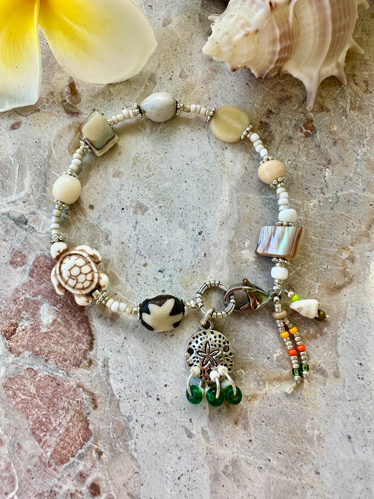 Seed Bead Shell Turtle Charm Bracelet