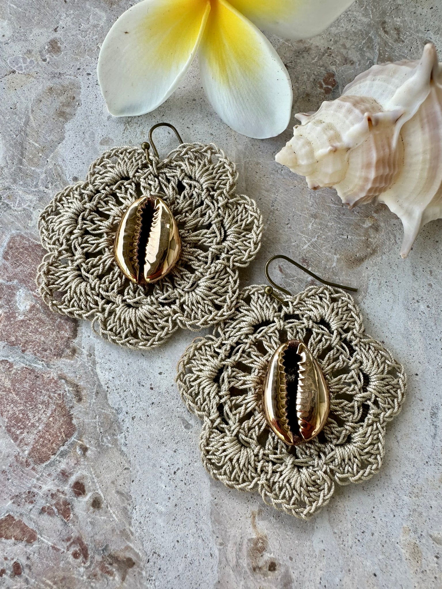 Crochet Gold Cowrie Shell Earrings