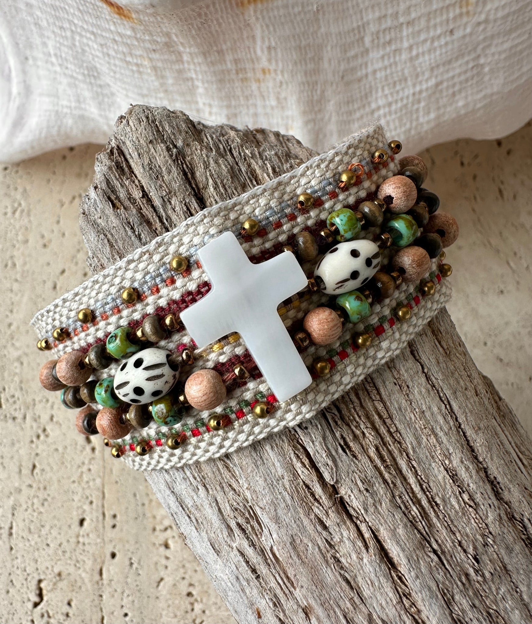 Boho Beaded Shell Cross Cuff