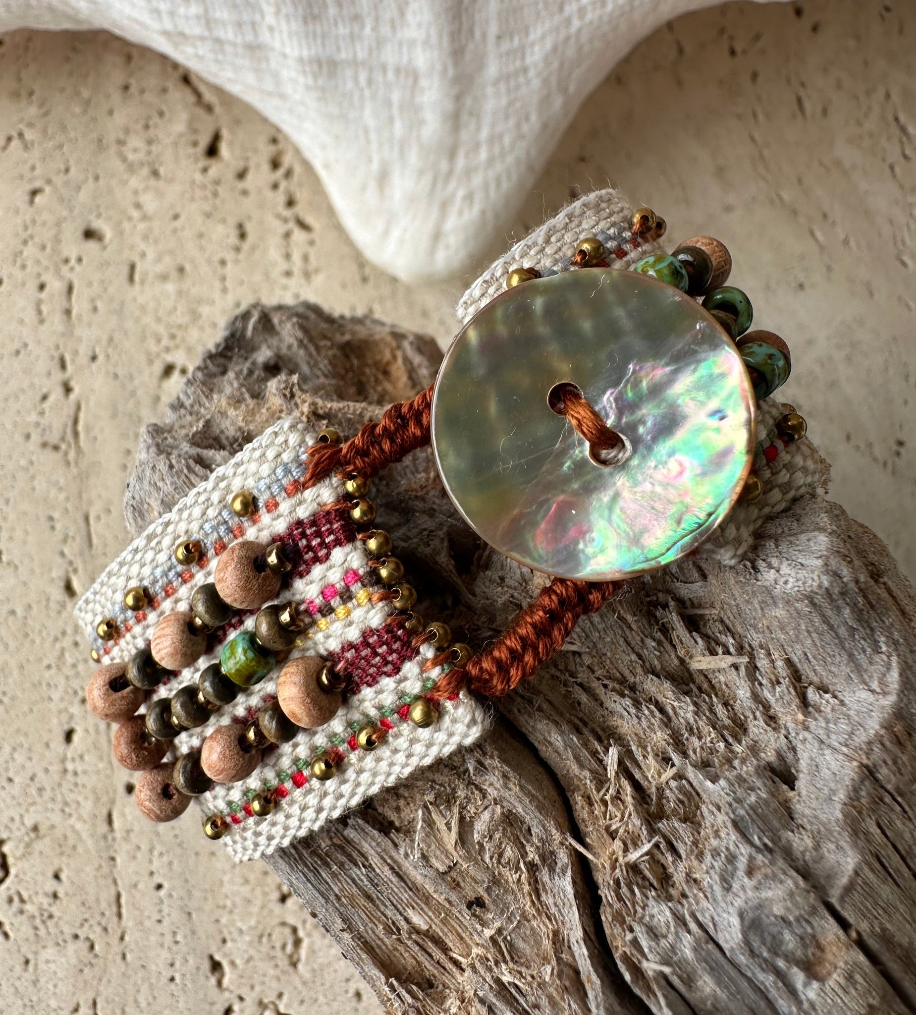 Boho Beaded Shell Cross Cuff