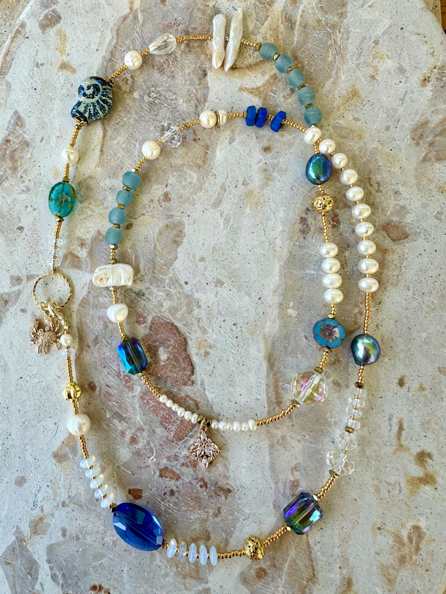 Crystal Beaded Pearl Gold Long Necklace