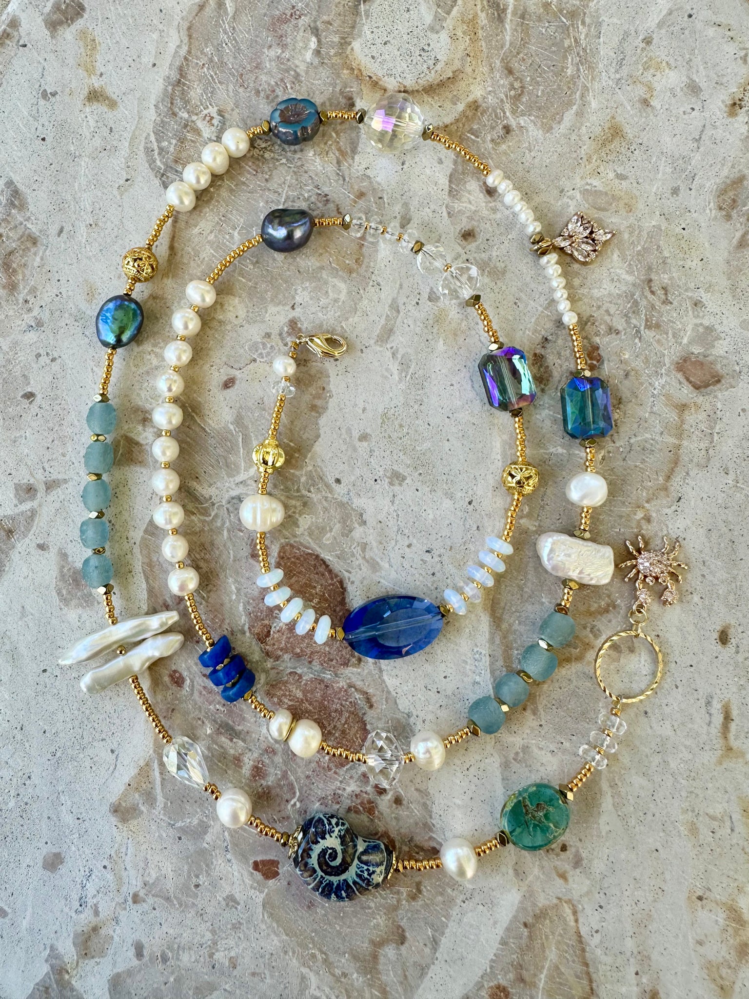 Crystal Beaded Pearl Gold Long Necklace
