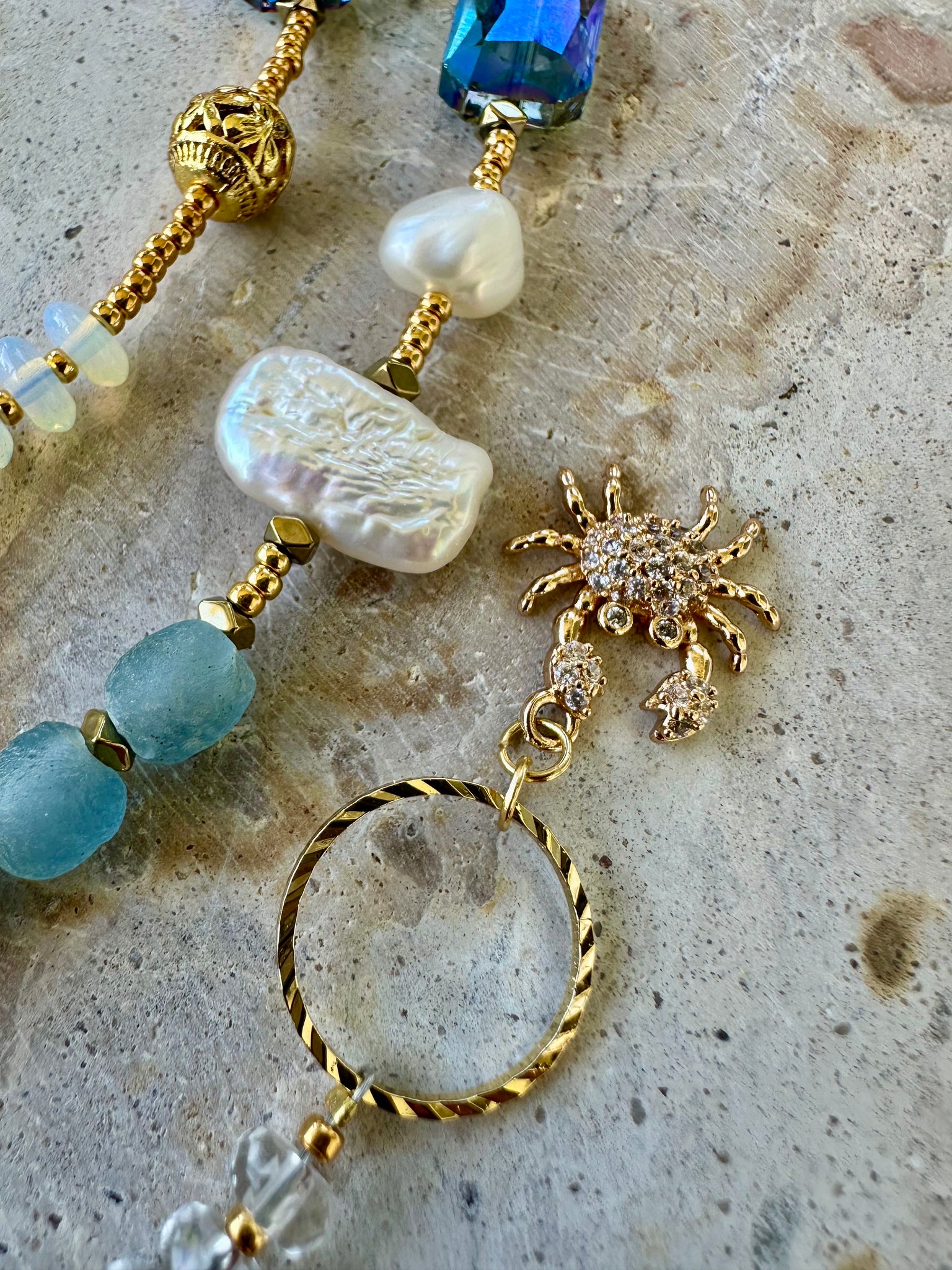 Crystal Beaded Pearl Gold Long Necklace