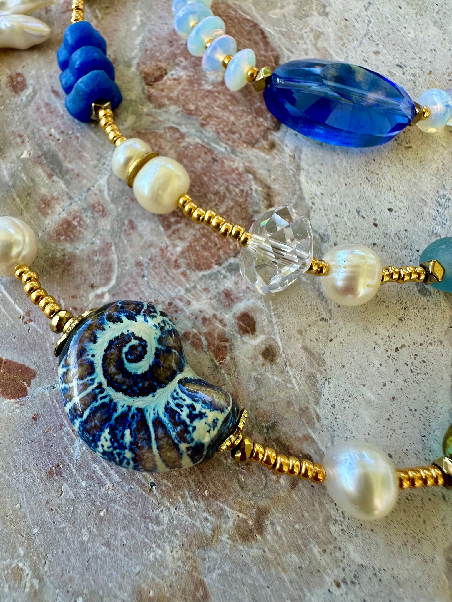 Crystal Beaded Pearl Gold Long Necklace