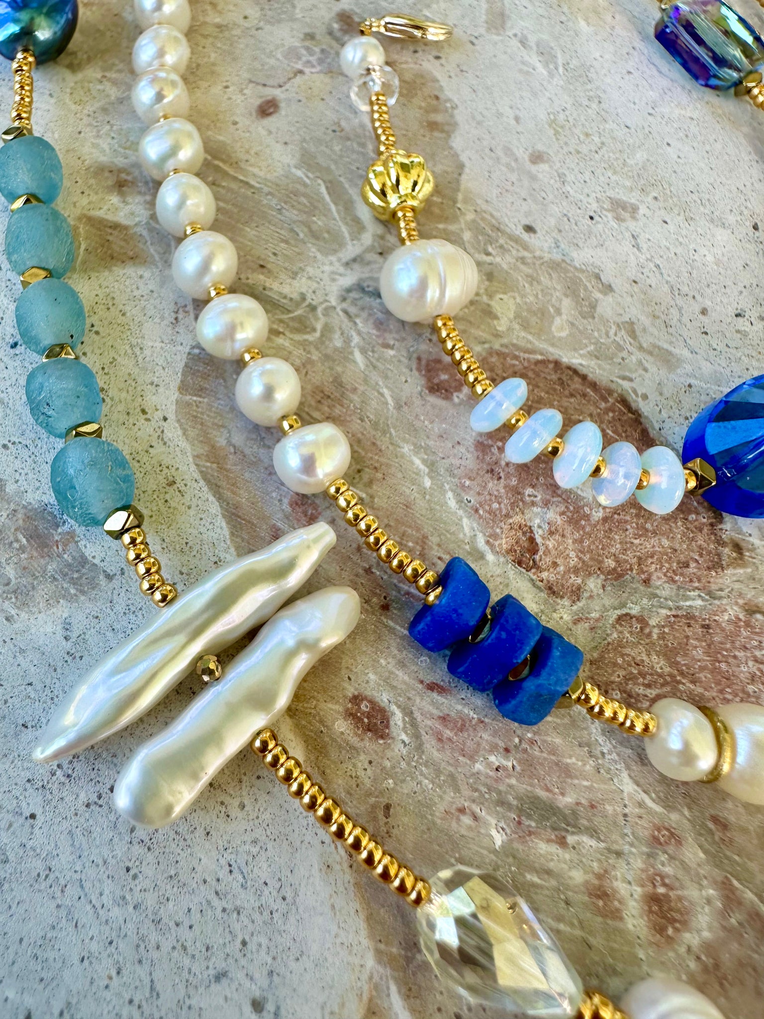 Crystal Beaded Pearl Gold Long Necklace
