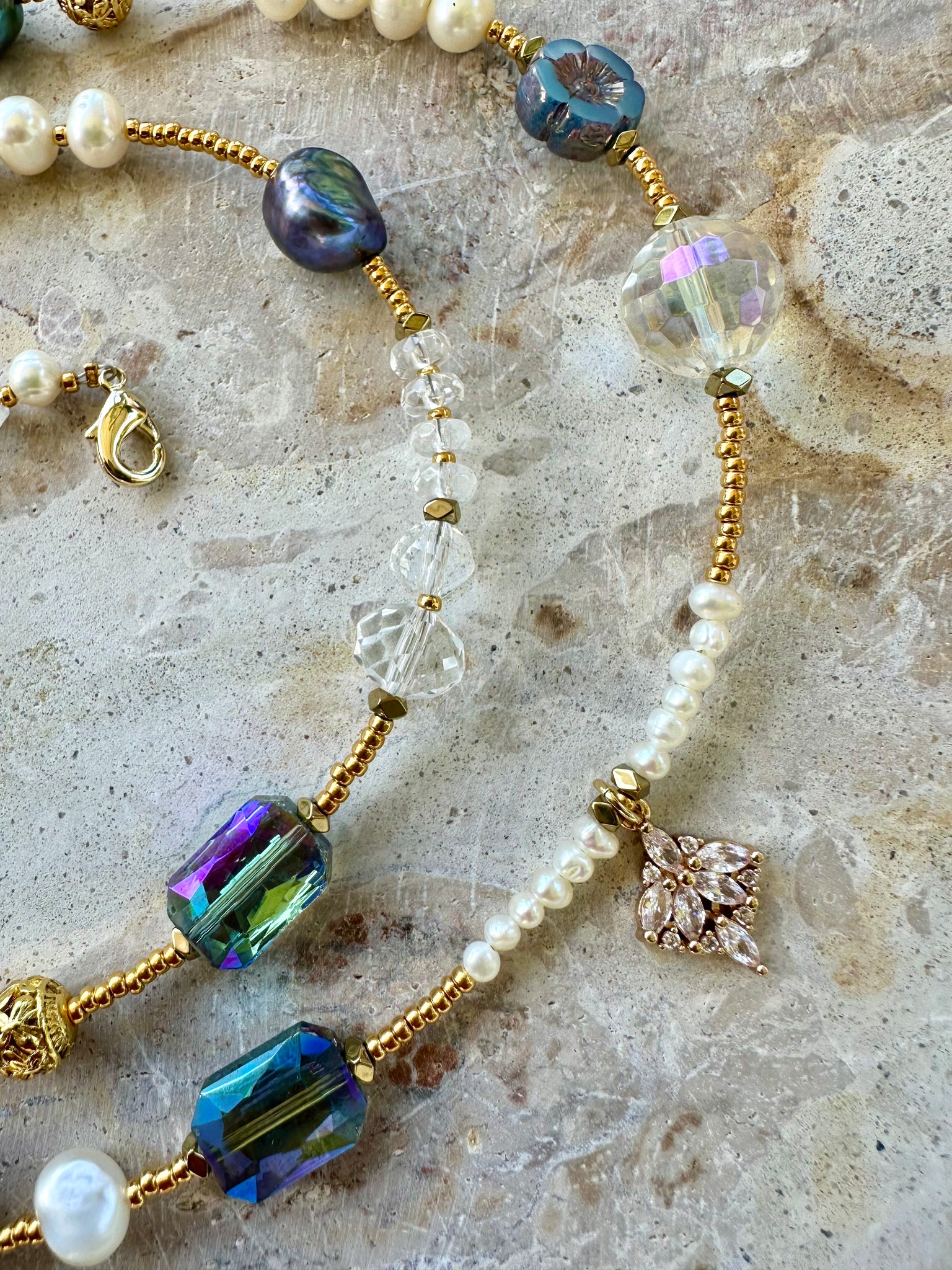 Crystal Beaded Pearl Gold Long Necklace