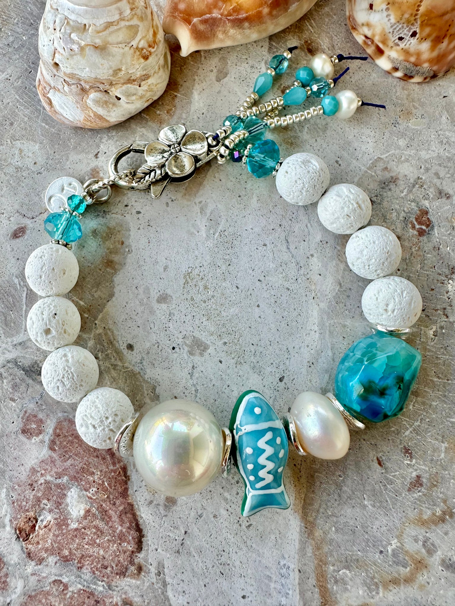 Mediterranean White Stone Pearl Charm Bracelet