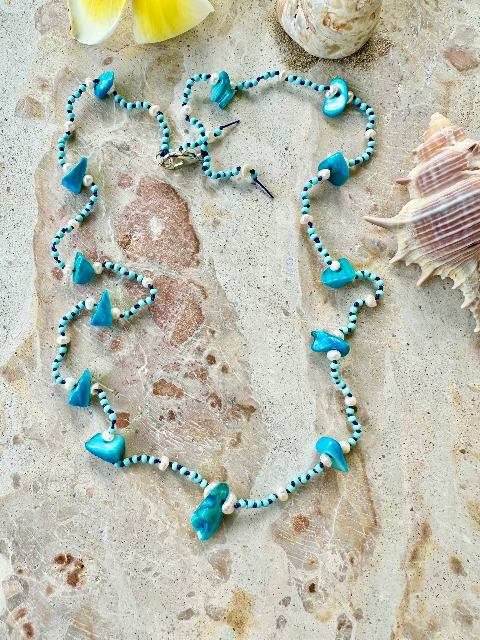 Aqua Shell Chips Knotted Seed Bead Necklace