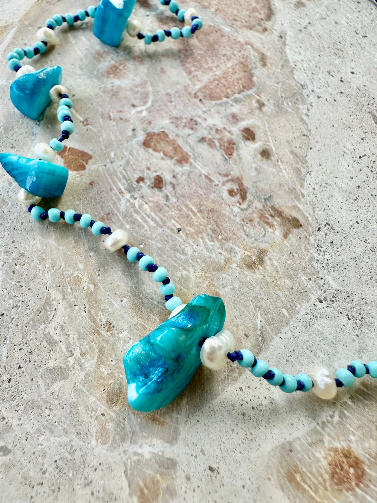 Aqua Shell Chips Knotted Seed Bead Necklace