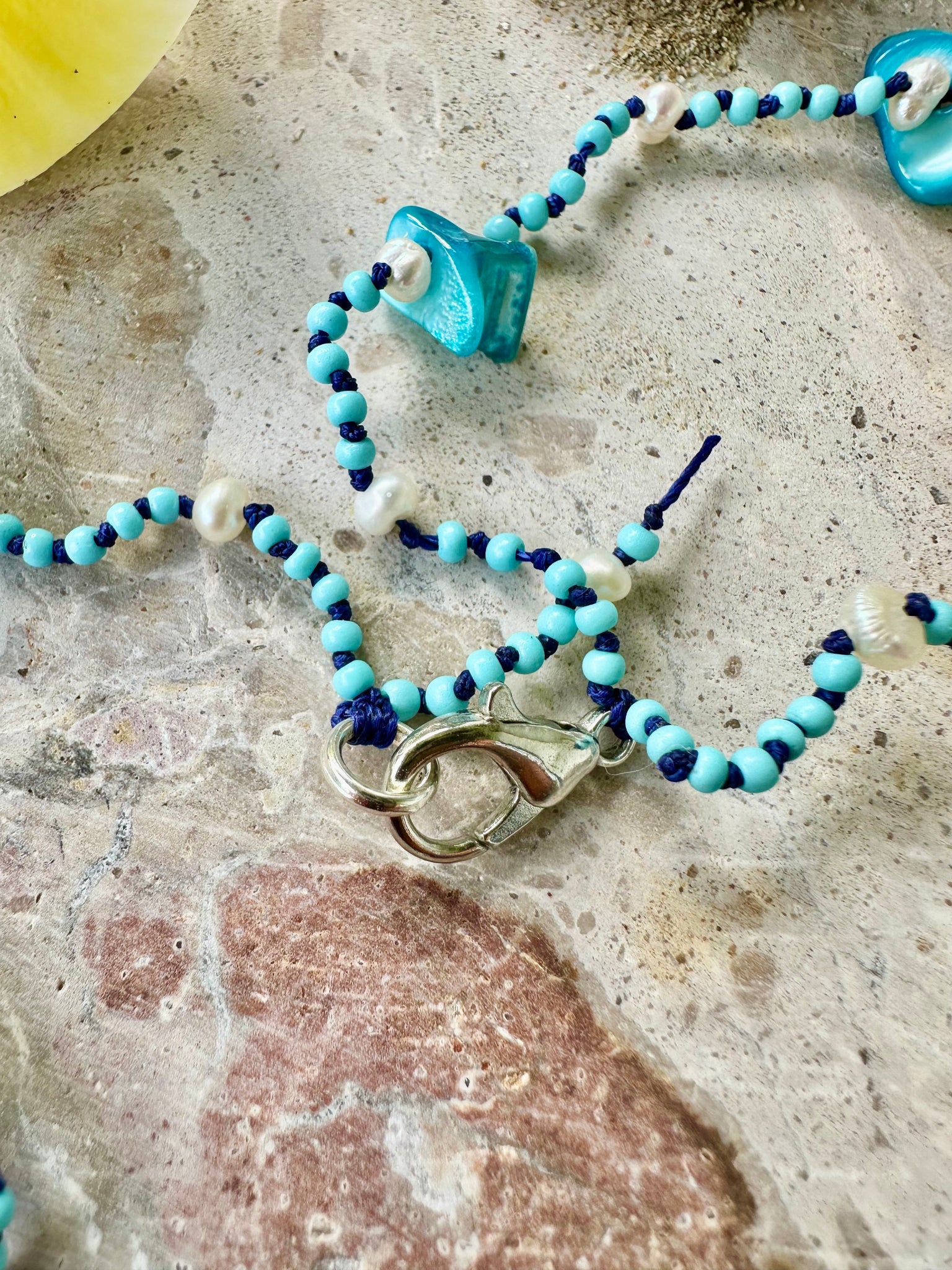Aqua Shell Chips Knotted Seed Bead Necklace