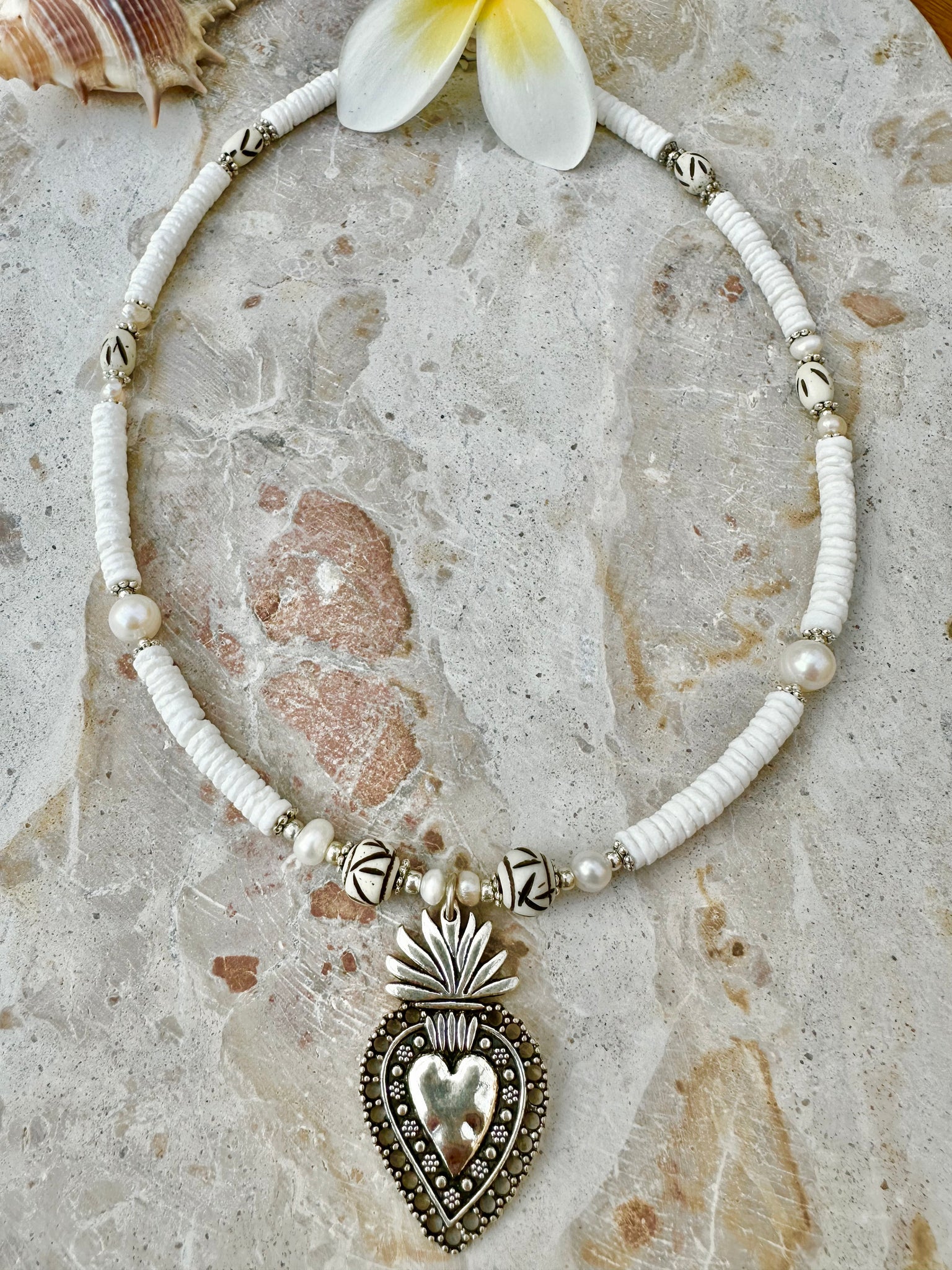 Boho Silver Heart Heishi Shell Necklace