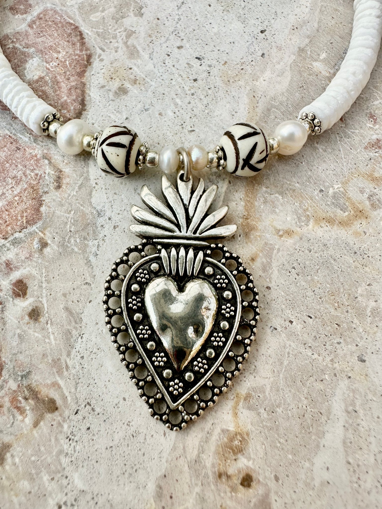 Boho Silver Heart Heishi Shell Necklace