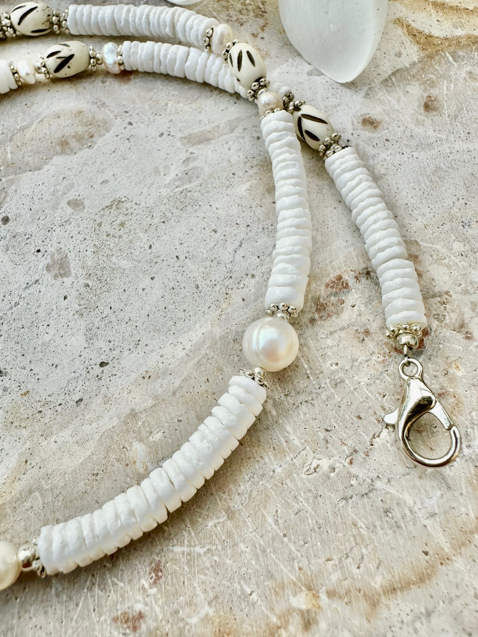 Boho Silver Heart Heishi Shell Necklace