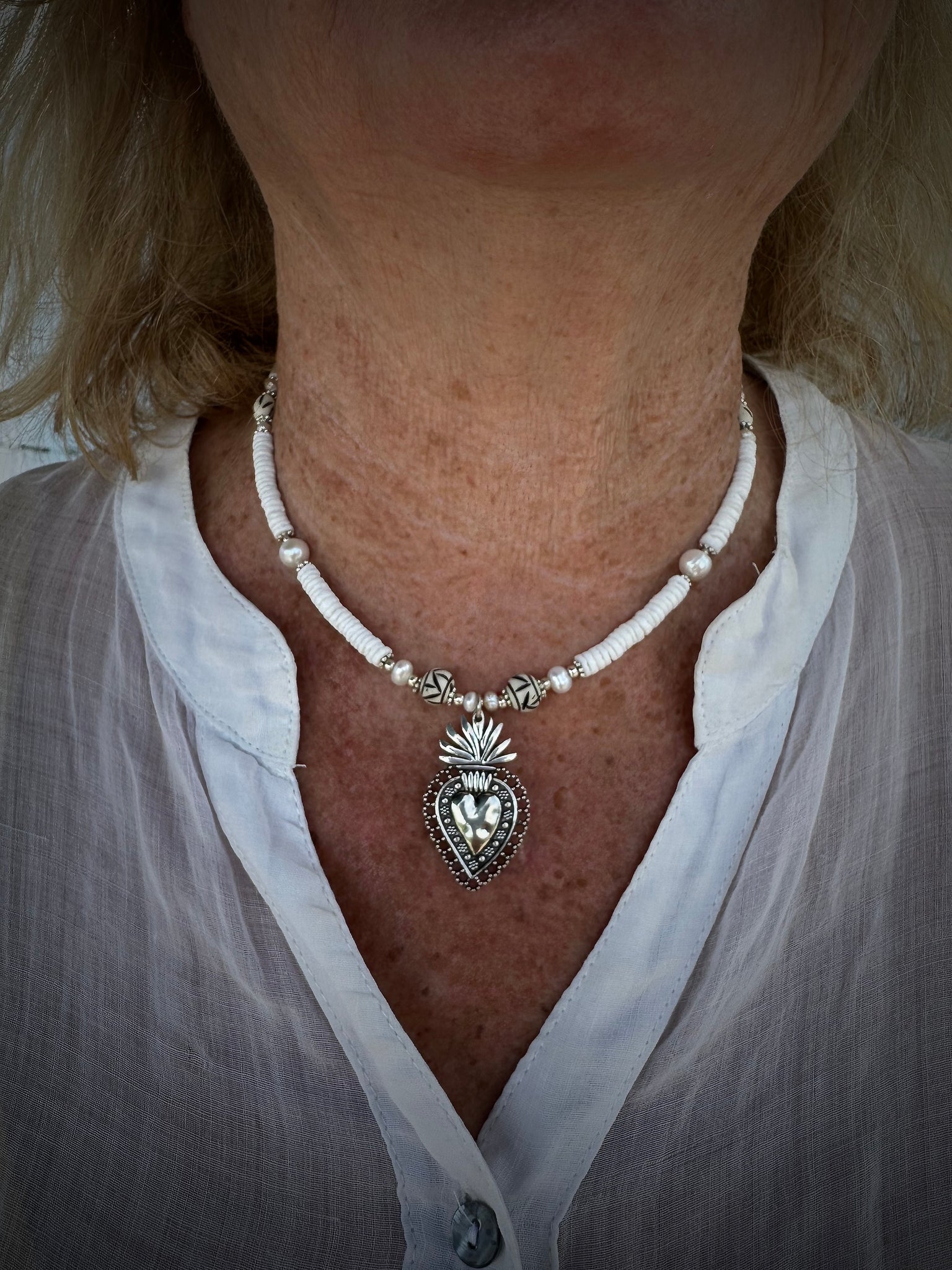 Boho Silver Heart Heishi Shell Necklace
