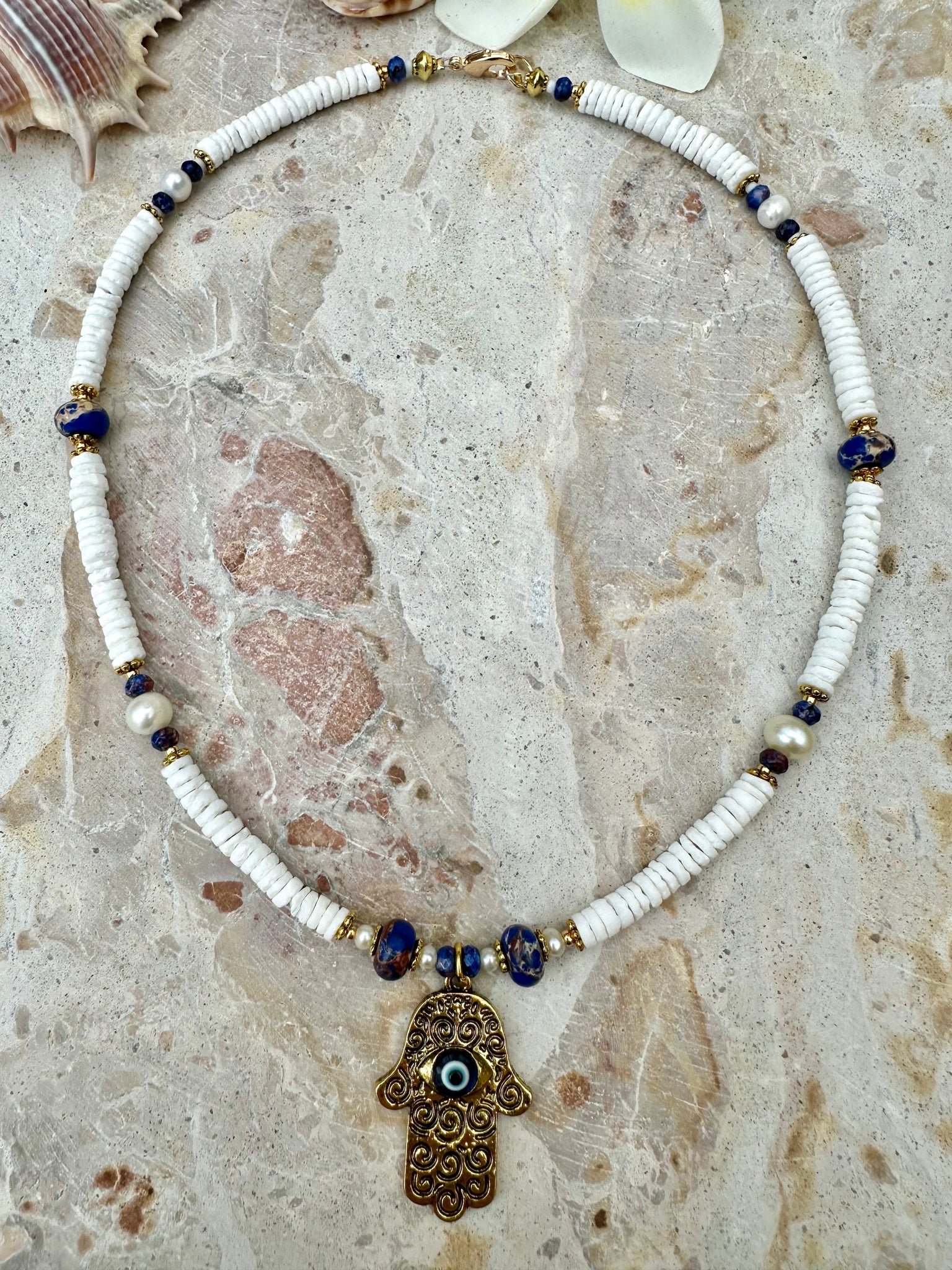 Hasma Hand White Heishi Shell Evil Eye Necklace