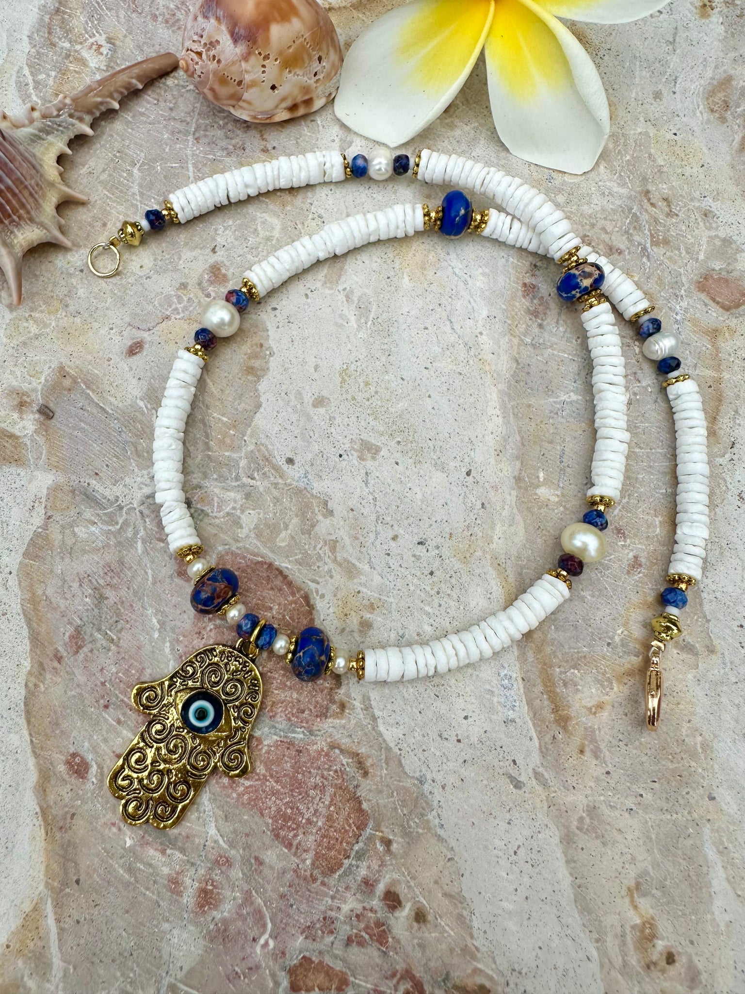 Hasma Hand White Heishi Shell Evil Eye Necklace
