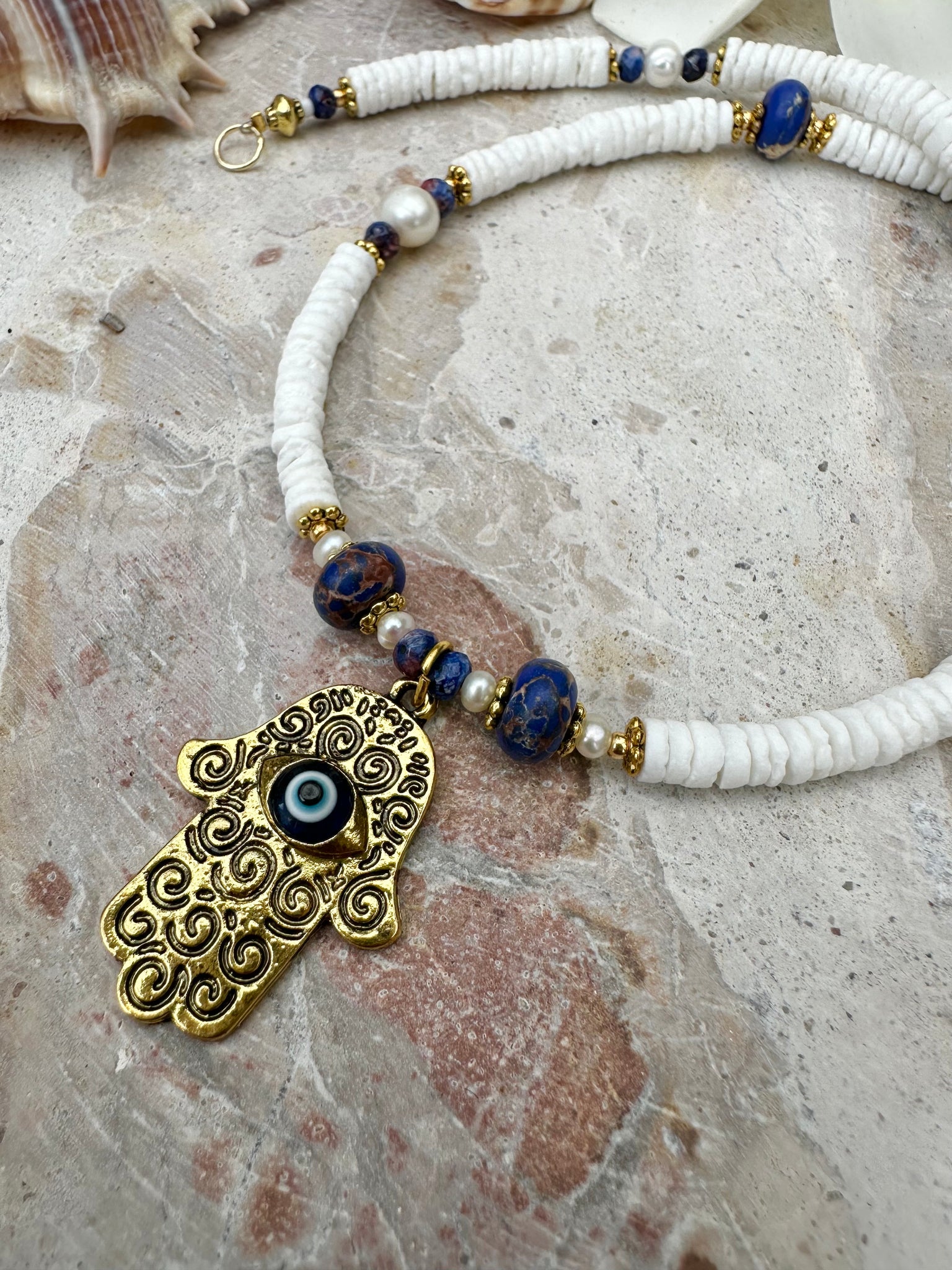 Hasma Hand White Heishi Shell Evil Eye Necklace
