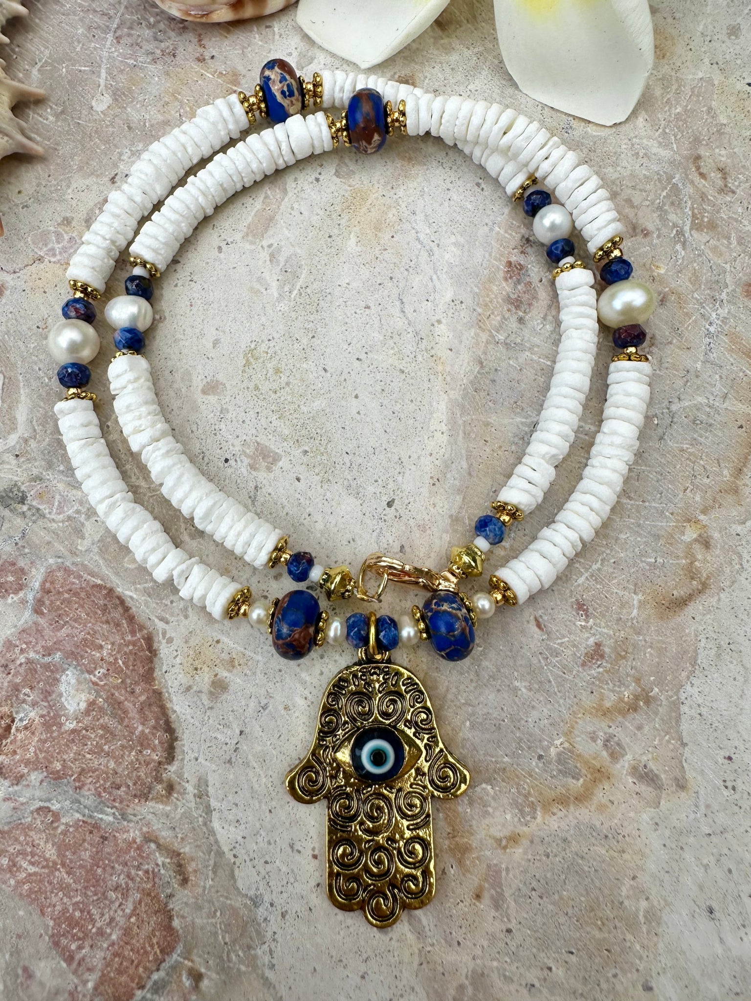 Hasma Hand White Heishi Shell Evil Eye Necklace