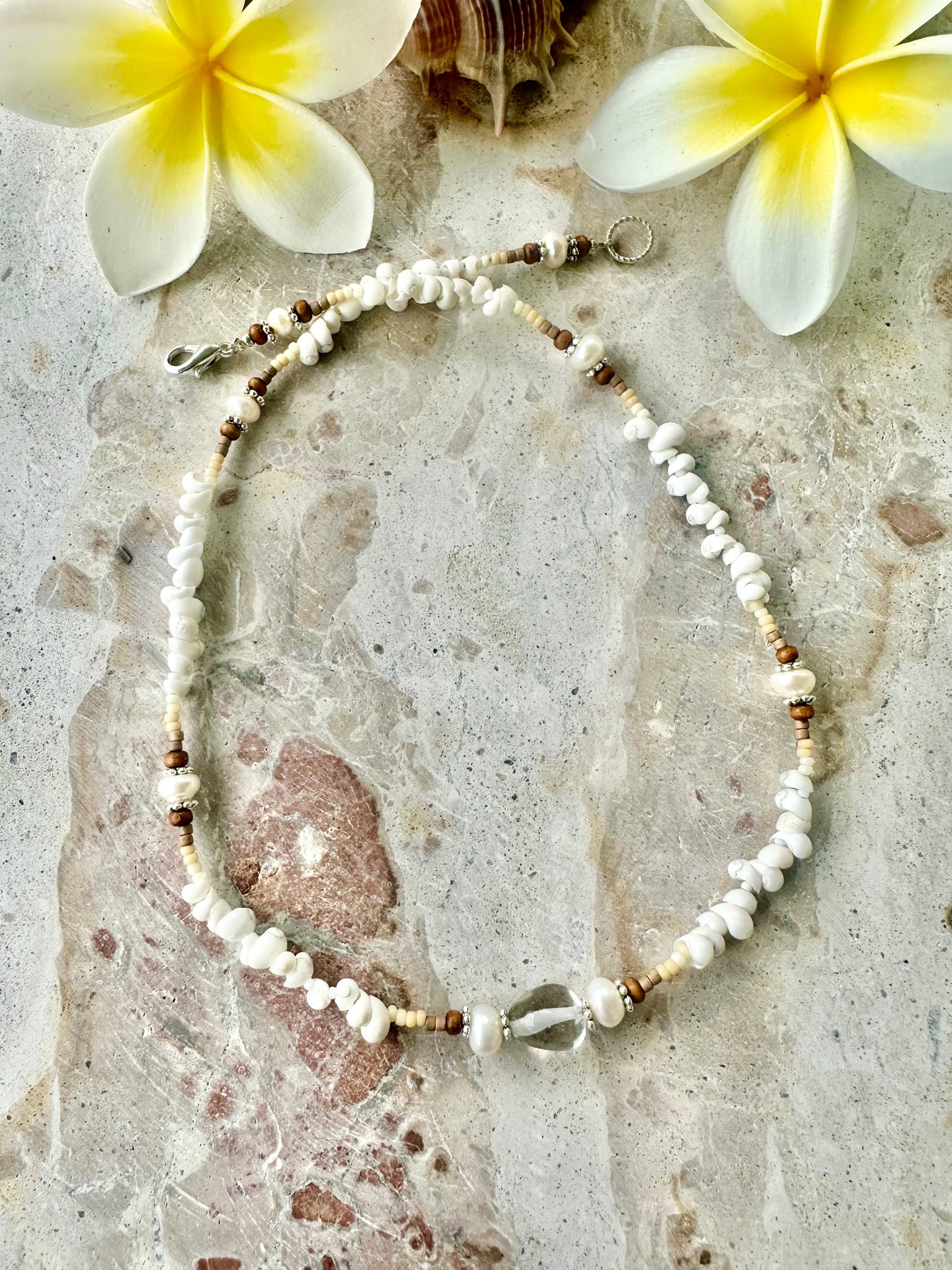 White Snail Shell Beaded Crystal Necklace