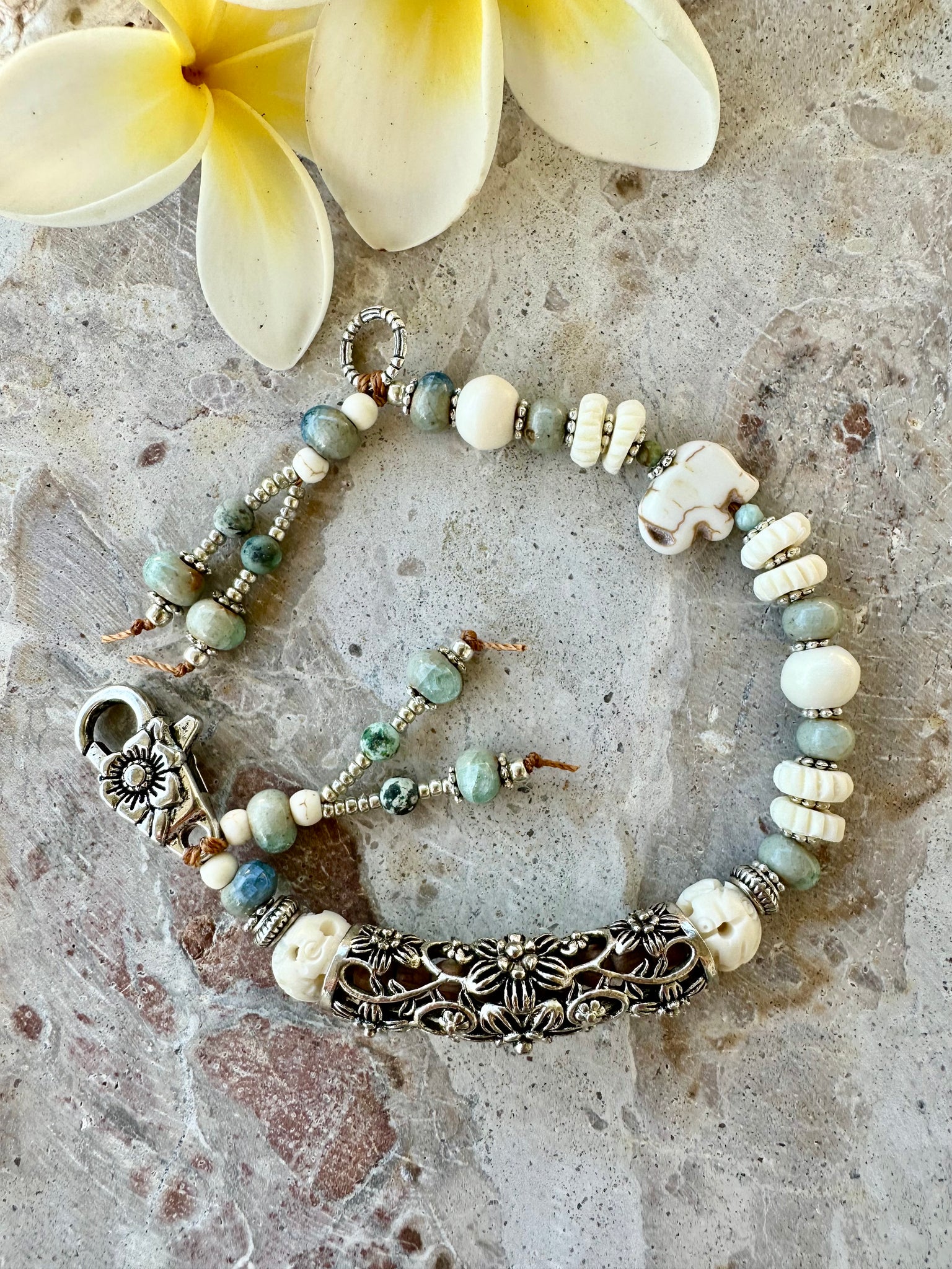 Tibetan Silver Flower Bar Stone Bracelet