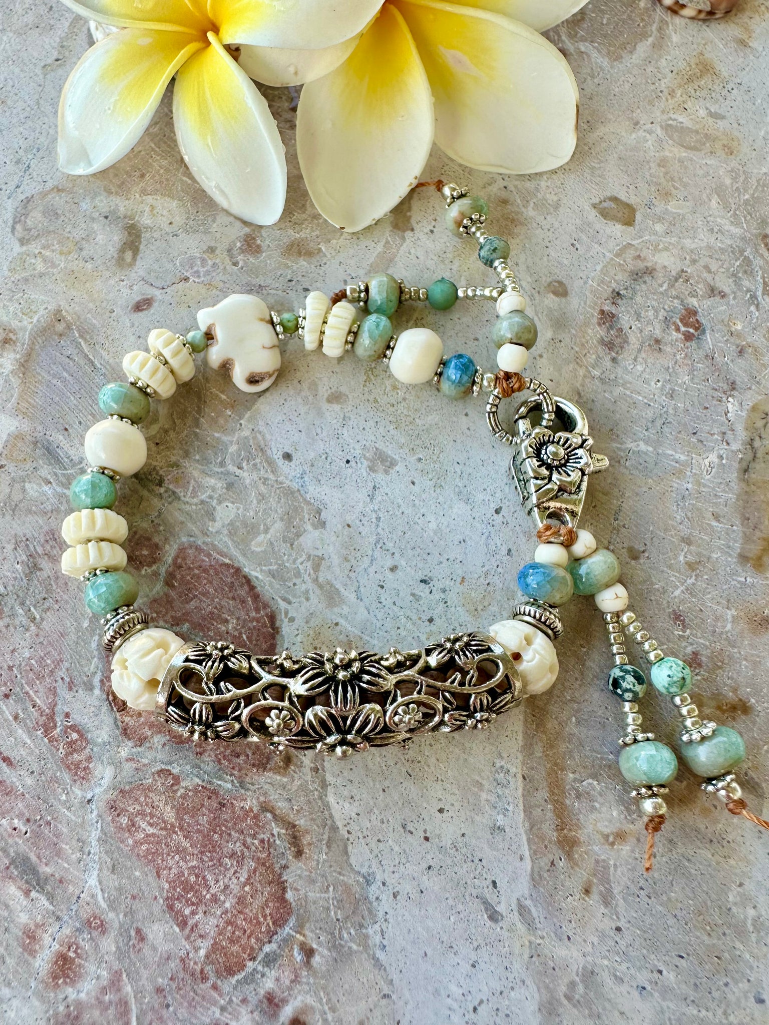 Tibetan Silver Flower Bar Stone Bracelet