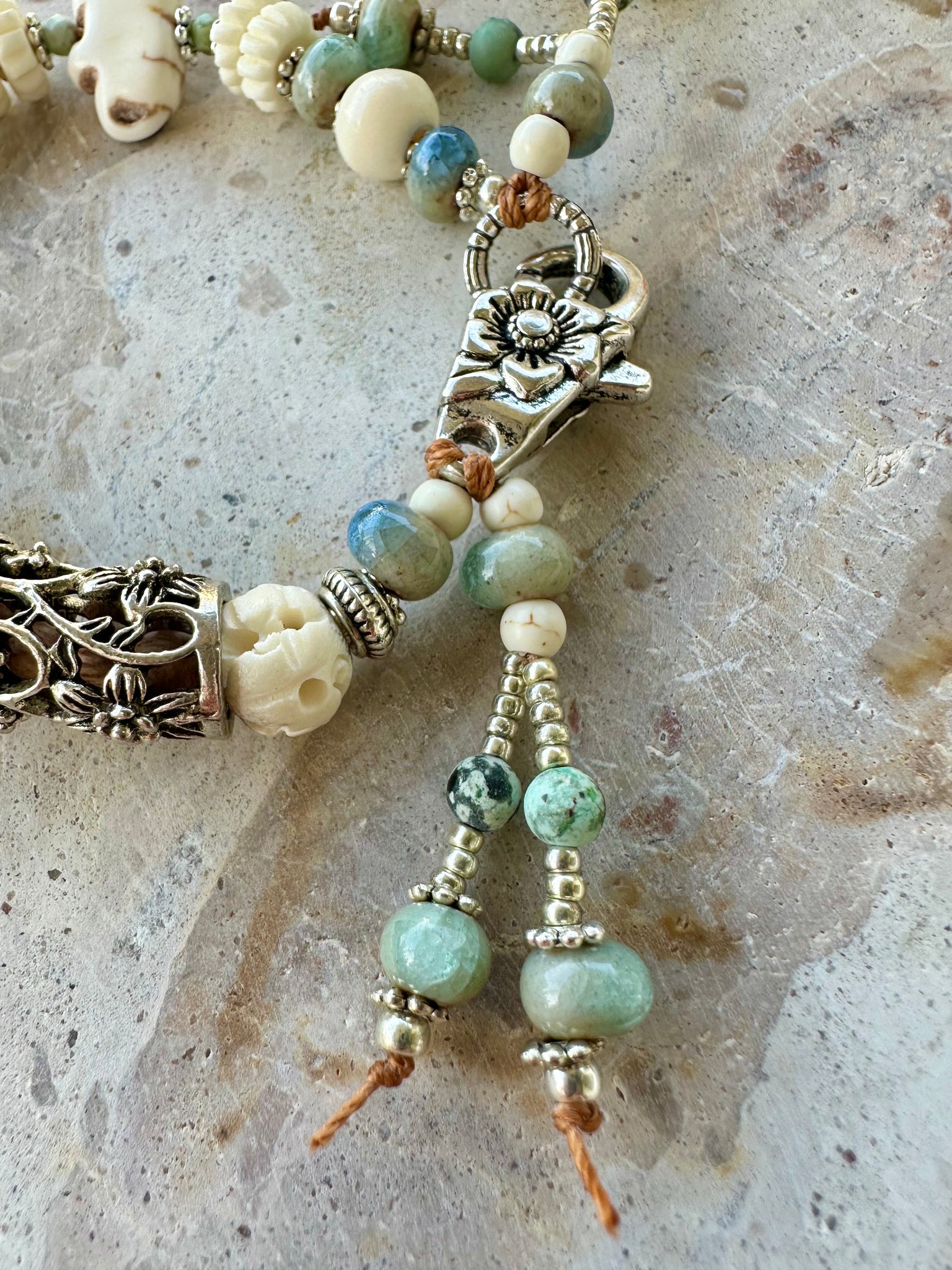 Tibetan Silver Flower Bar Stone Bracelet