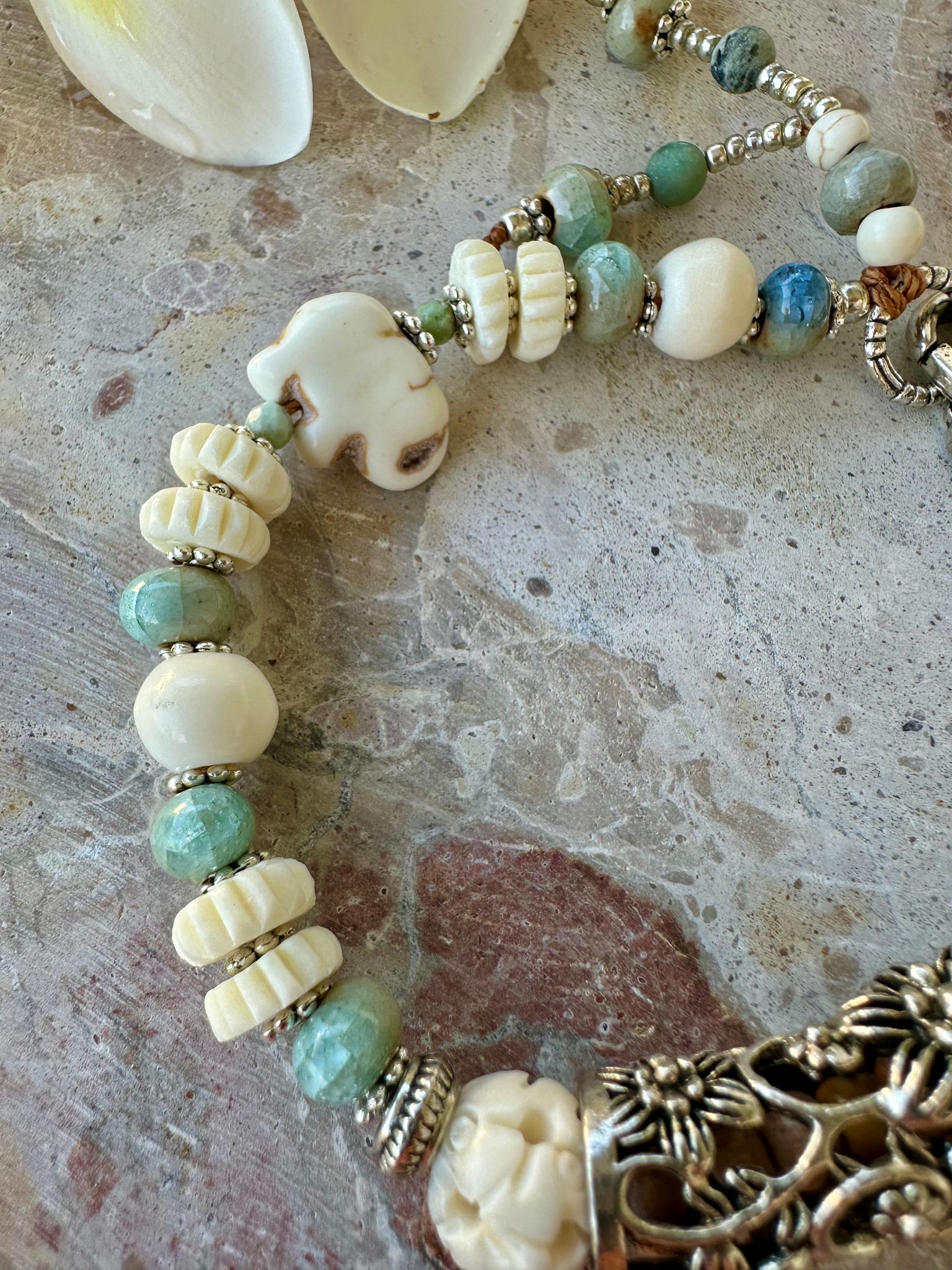 Tibetan Silver Flower Bar Stone Bracelet