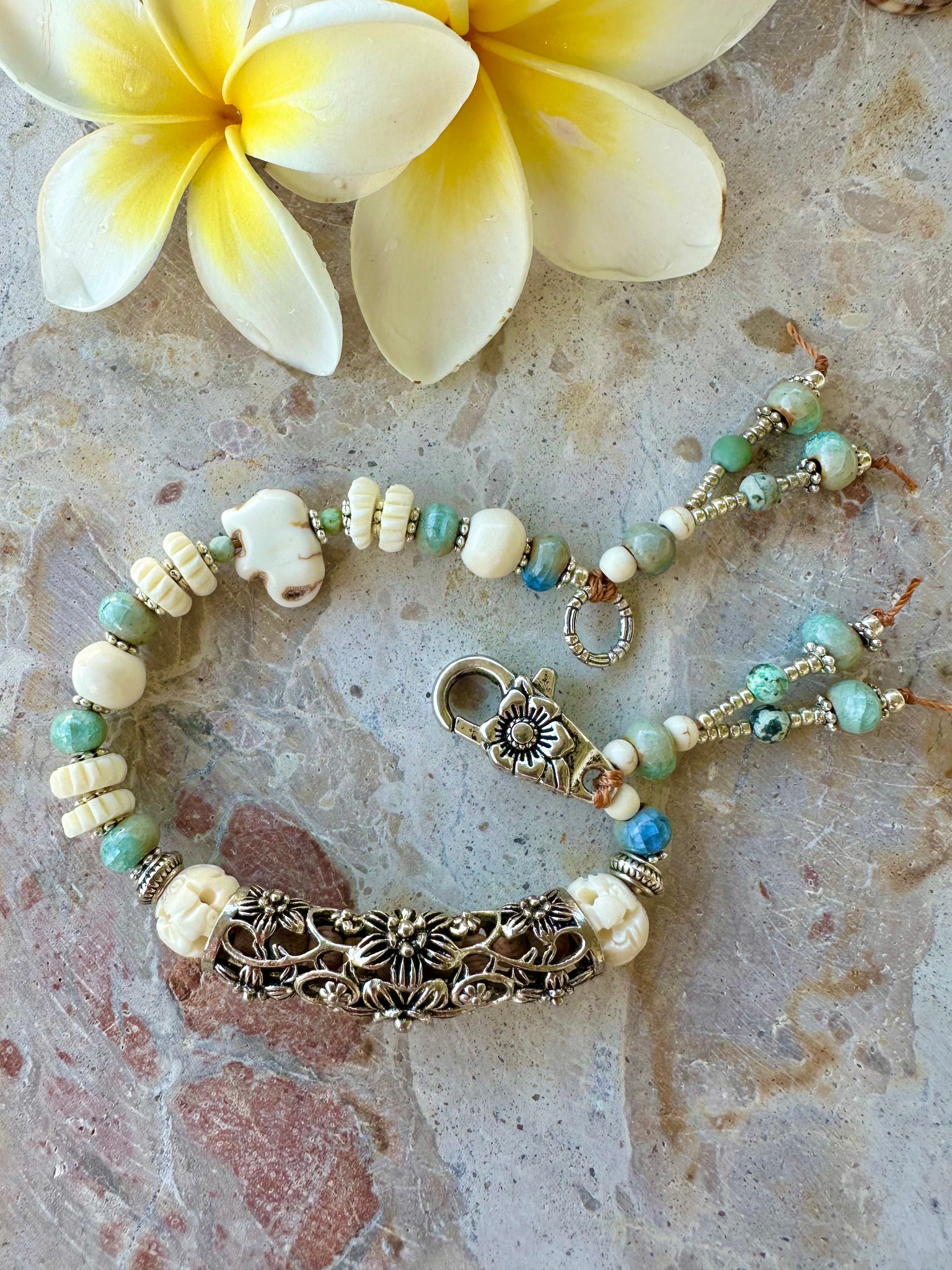 Tibetan Silver Flower Bar Stone Bracelet