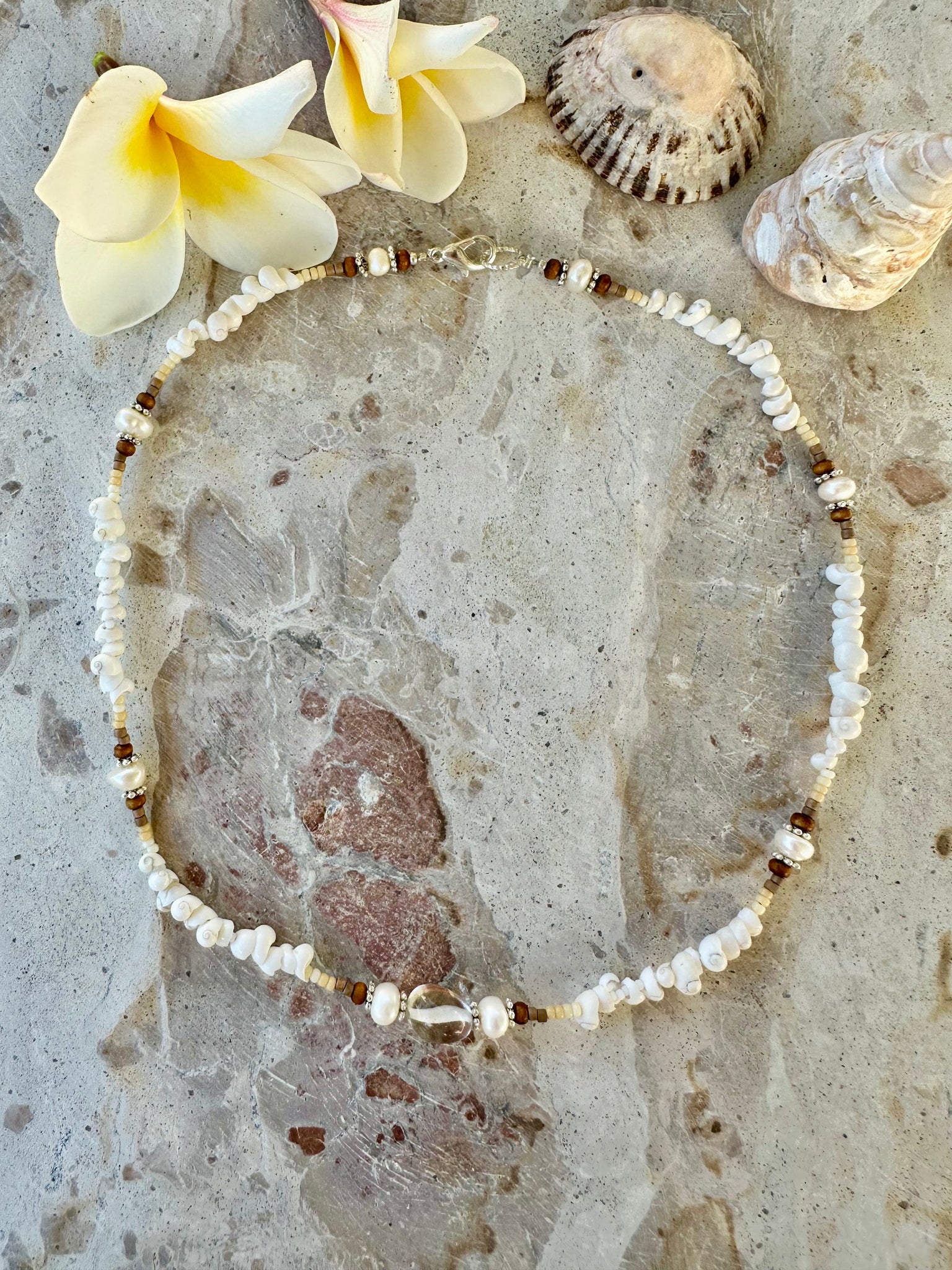 White Snail Shell Beaded Crystal Necklace