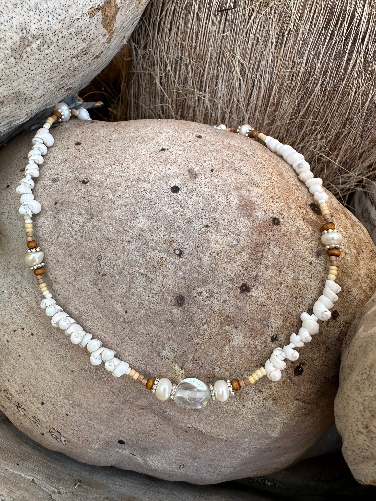 White Snail Shell Beaded Crystal Necklace