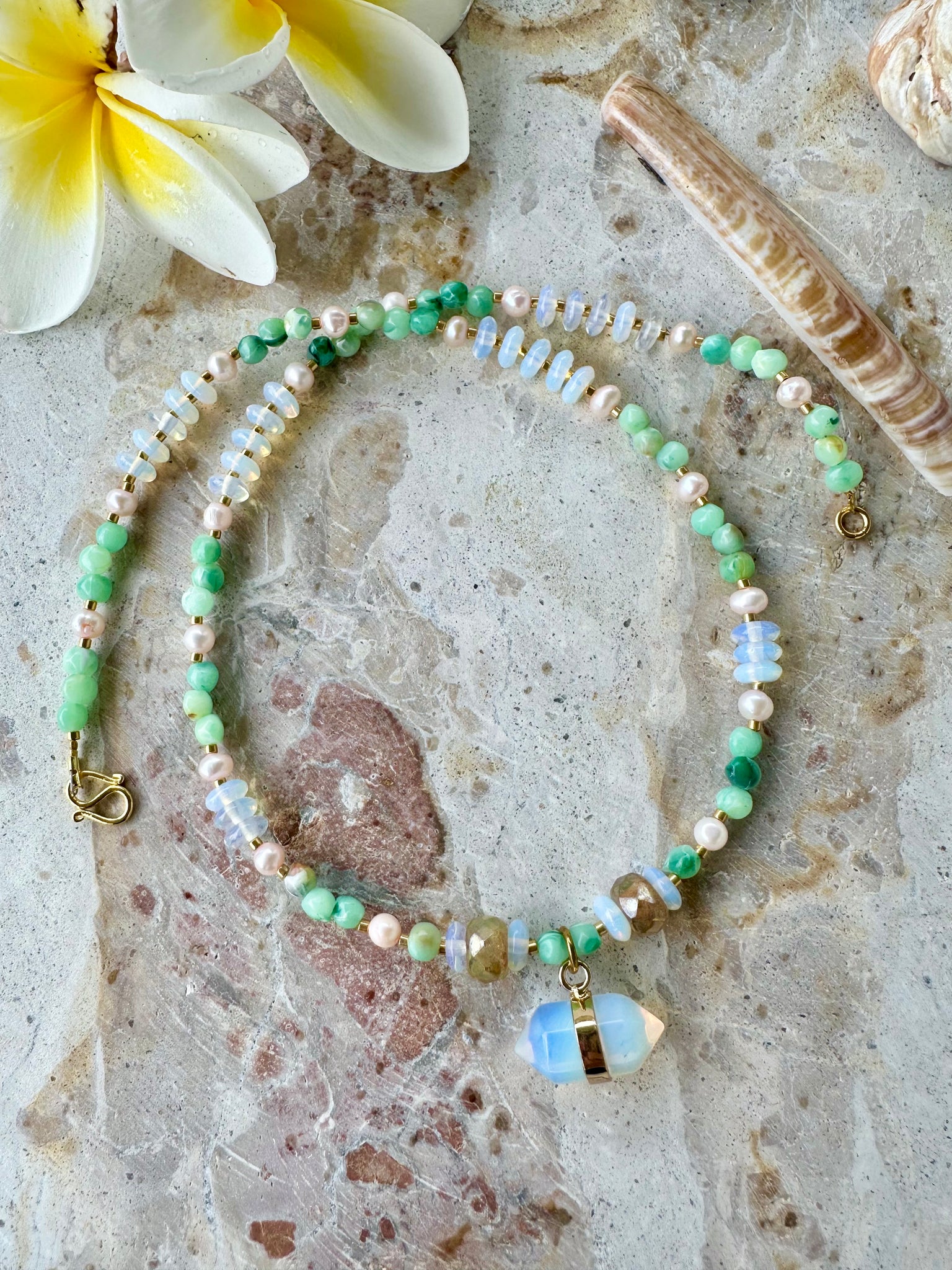Boho Moon Stone Jade Beaded Necklace
