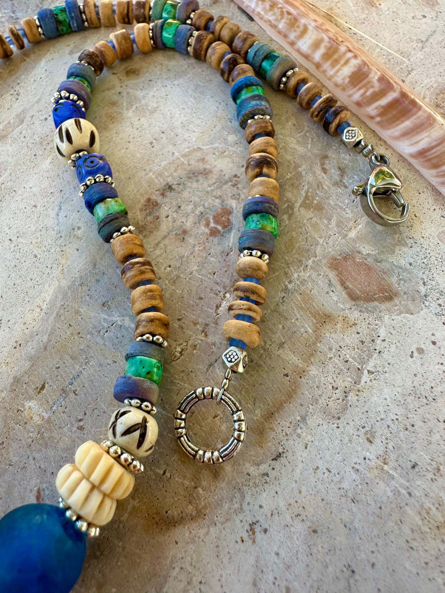 Boho Tribal African Glass Coconut Necklace