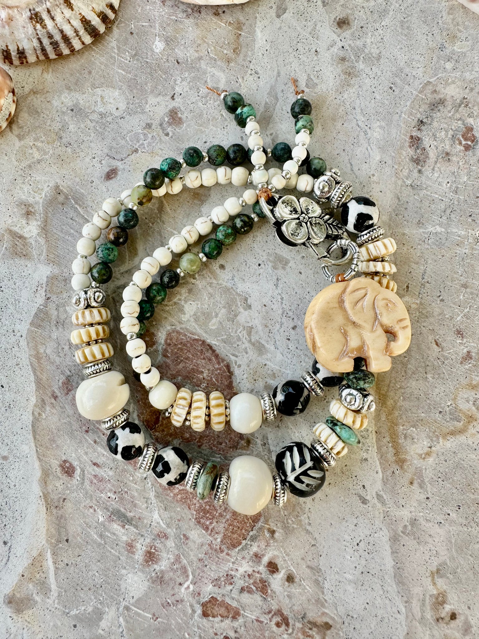 Elephant Beaded Turquoise Stone Wrap Bracelet