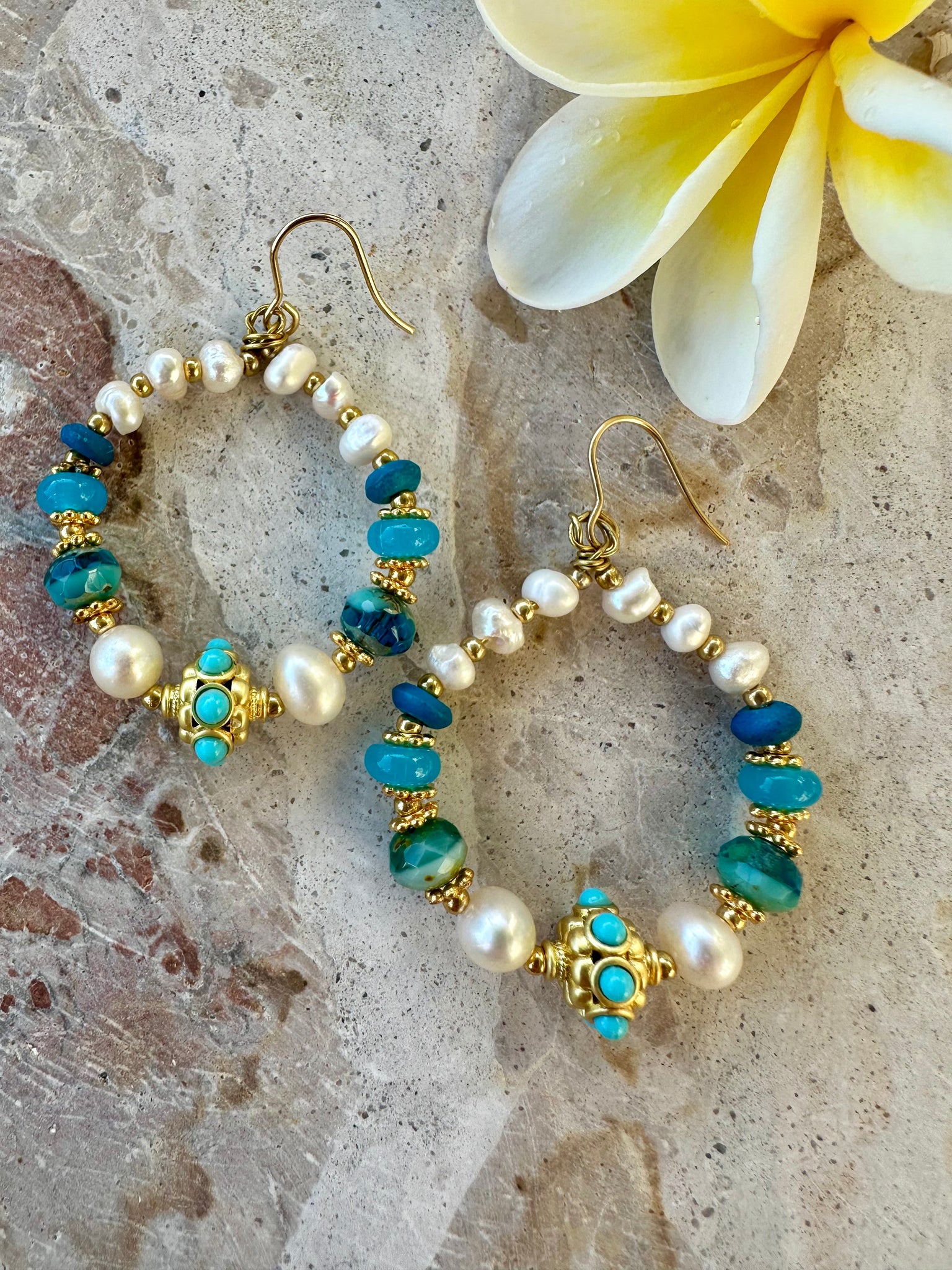 Aqua Stone Pearl Greek Gold Earrings