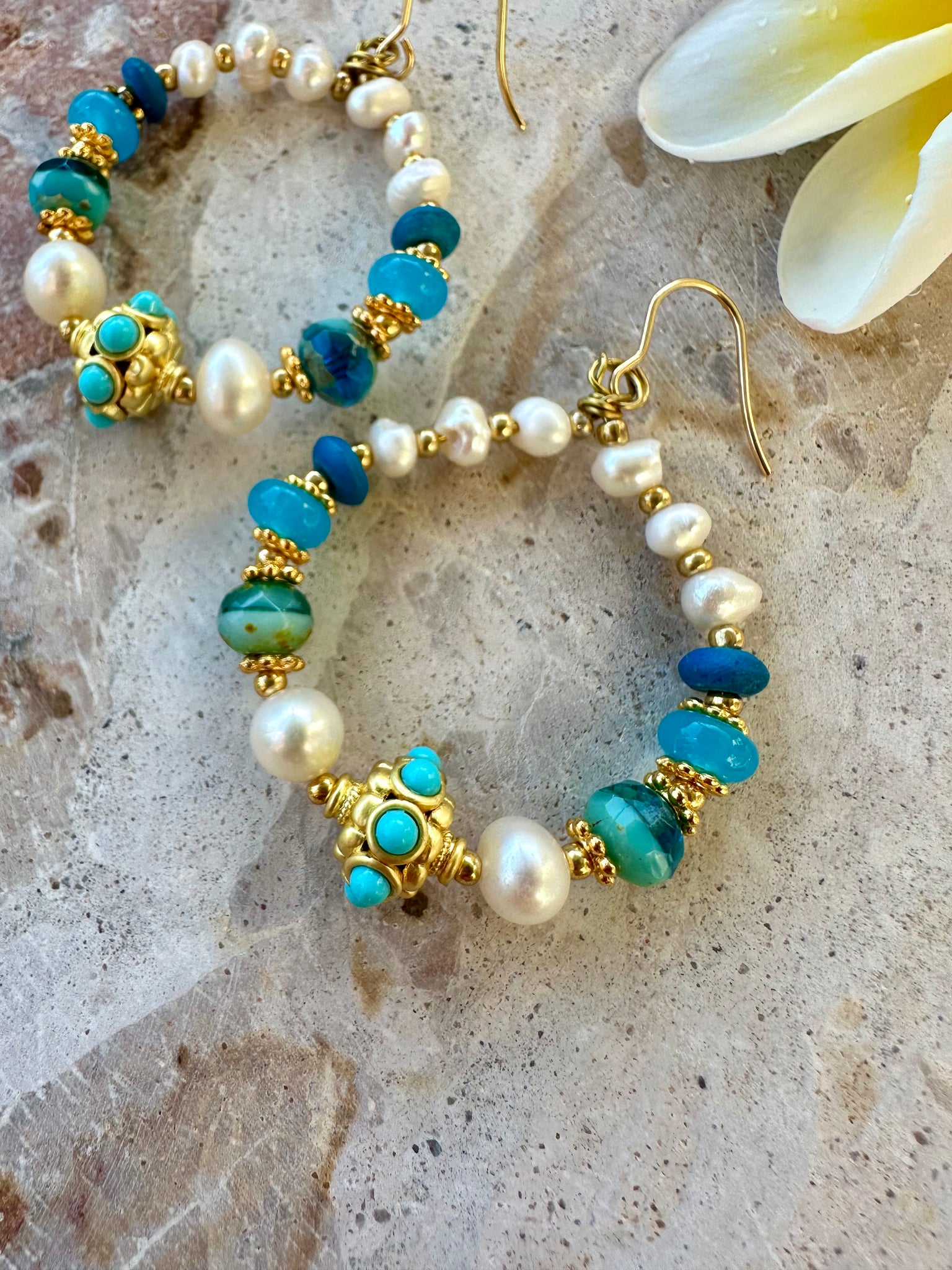 Aqua Stone Pearl Greek Gold Earrings