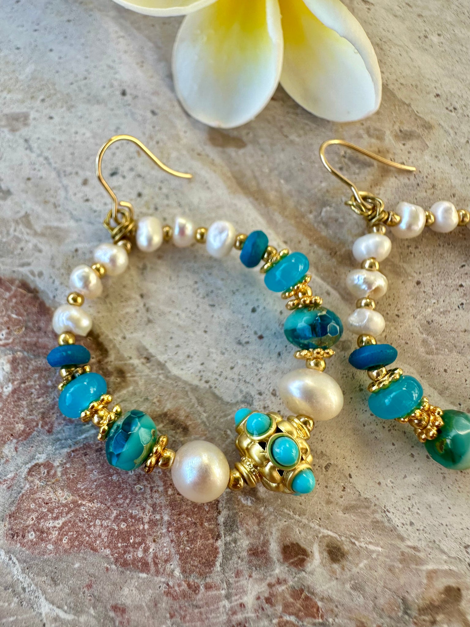 Aqua Stone Pearl Greek Gold Earrings