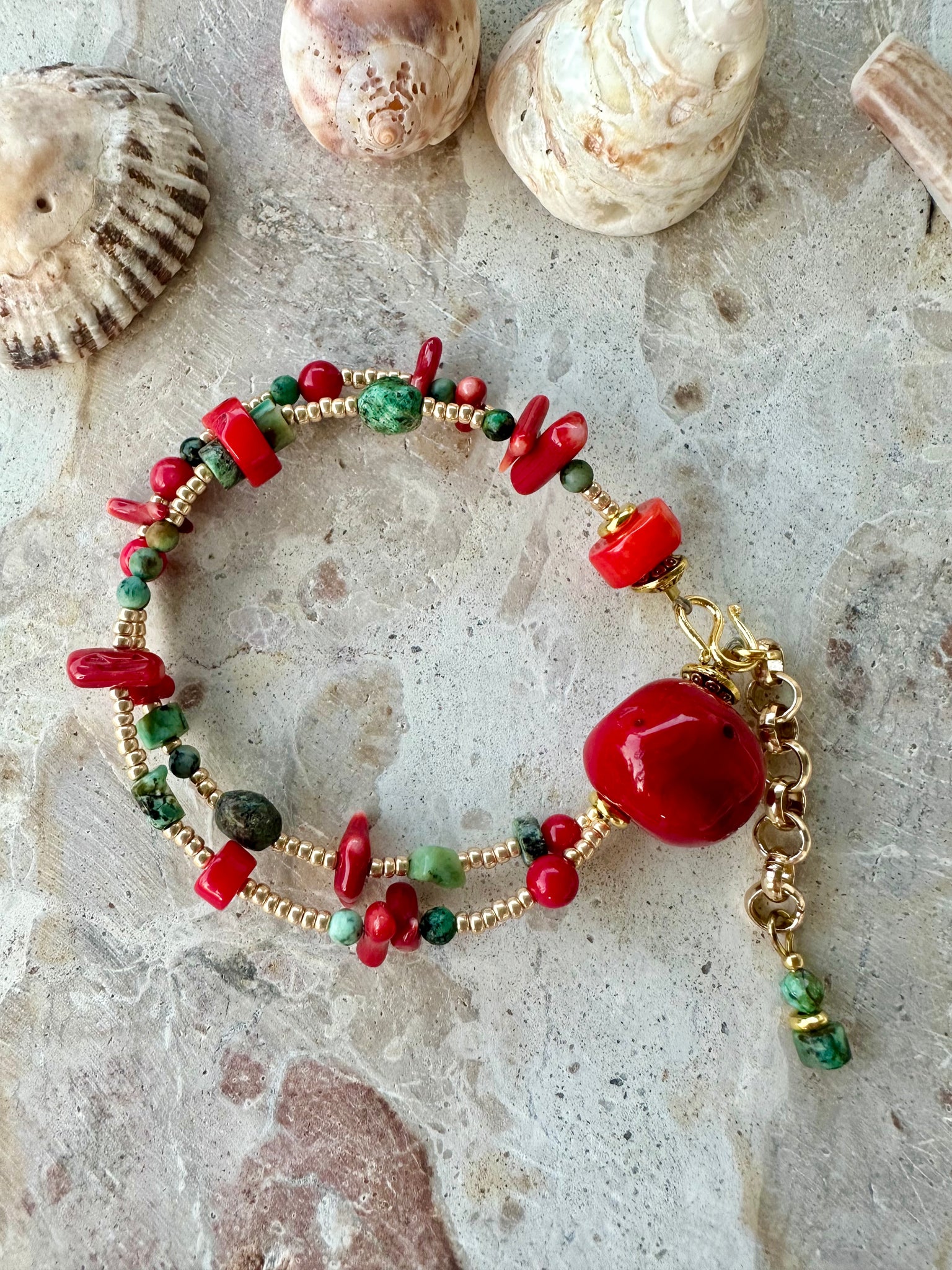 Red Shell Turquoise Seed Bead Bracelet