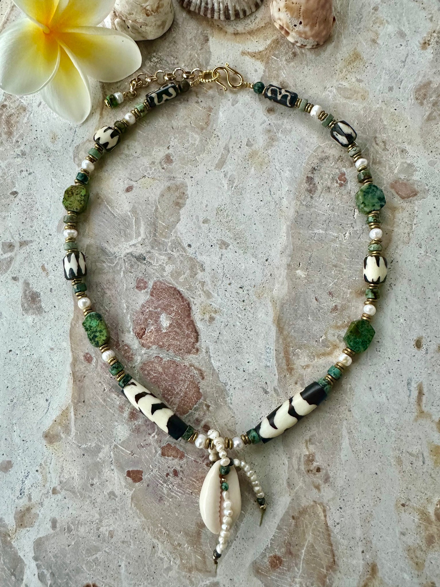 African Cowrie Shell Turquoise Necklace