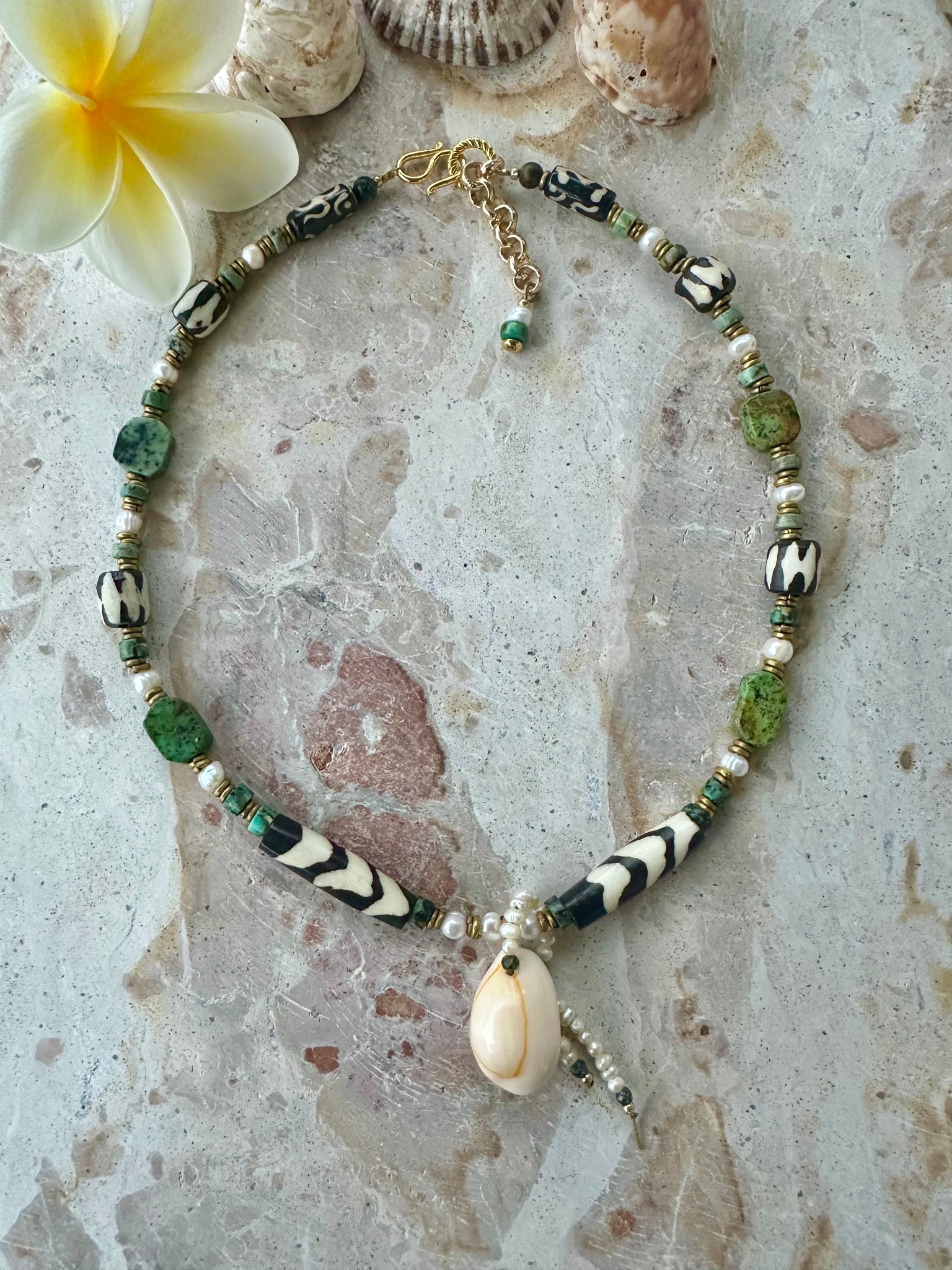 African Cowrie Shell Turquoise Necklace