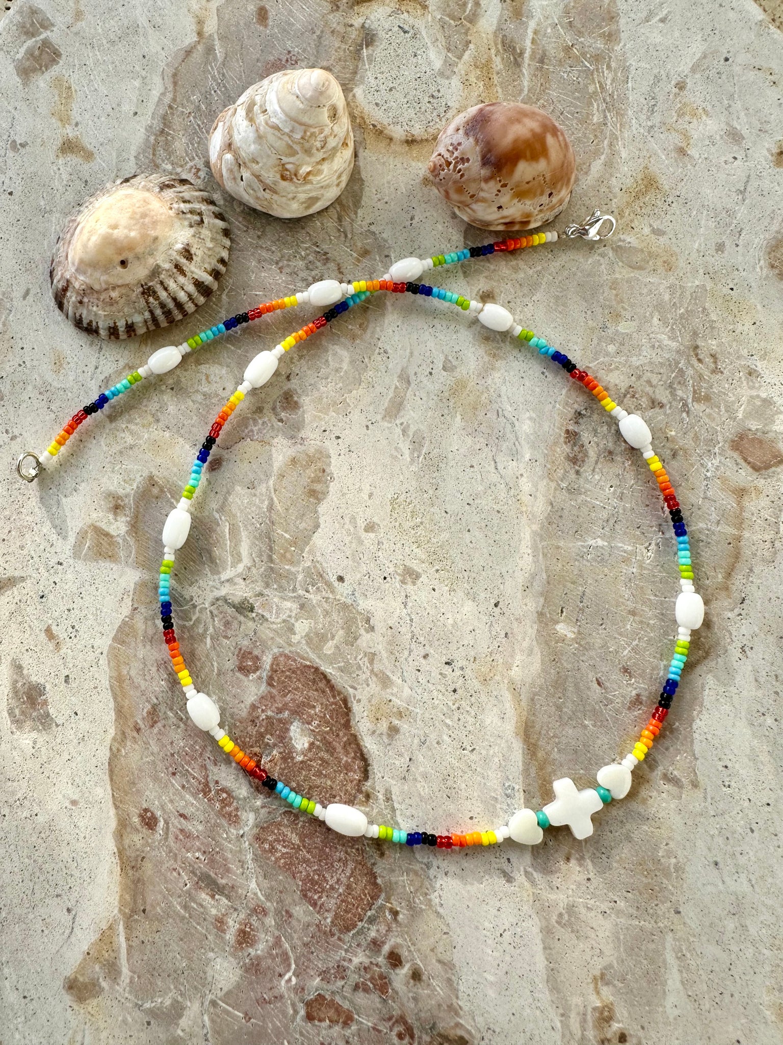 Seed Bead Shell Cross Necklace