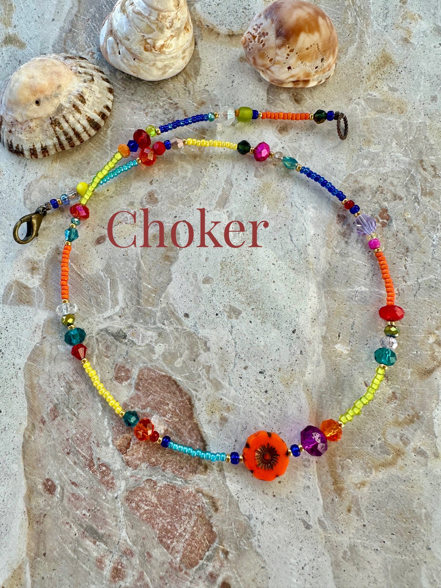 Seed Bead Crystal Flower Choker