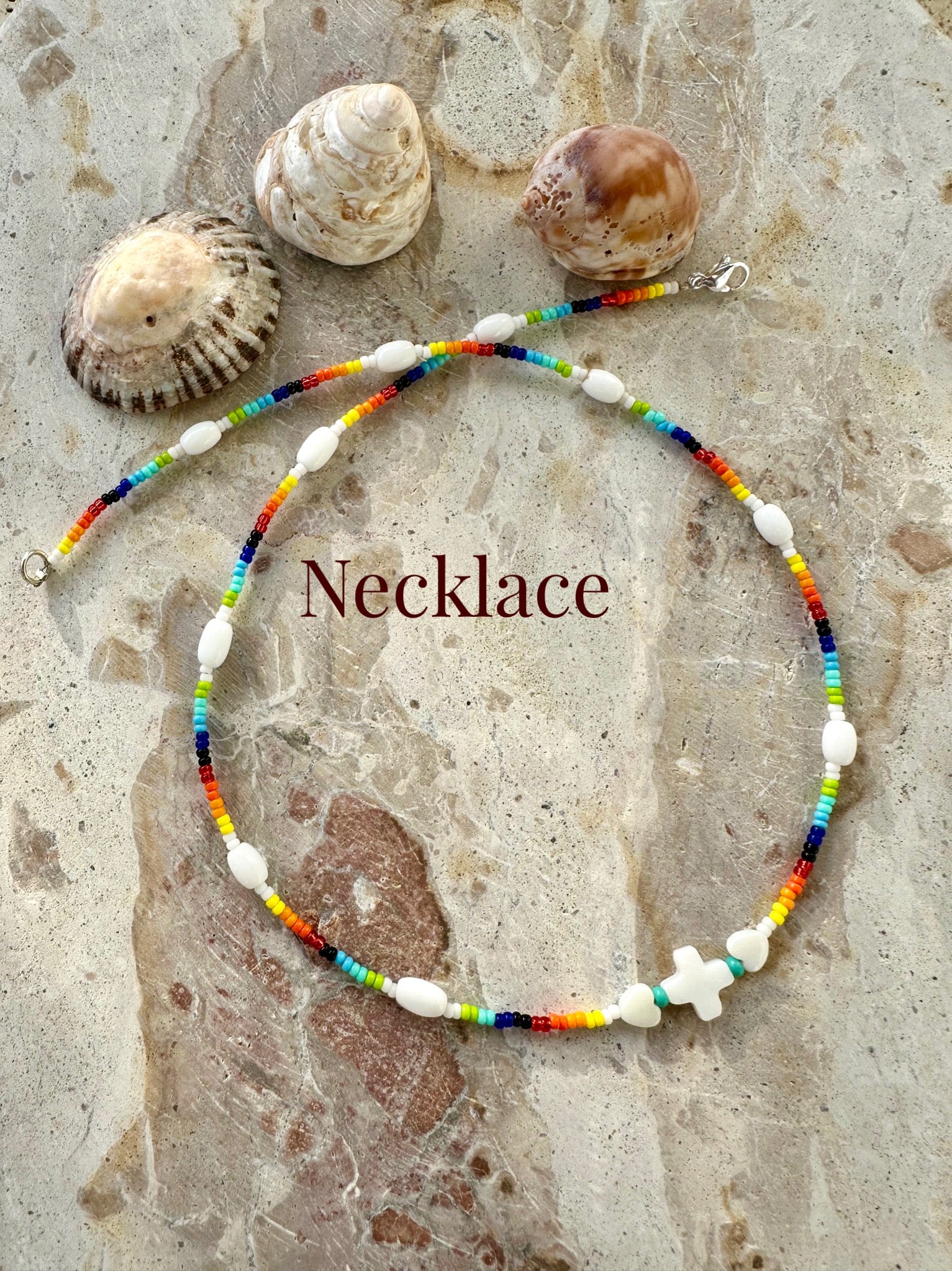 Seed Bead Shell Cross Necklace
